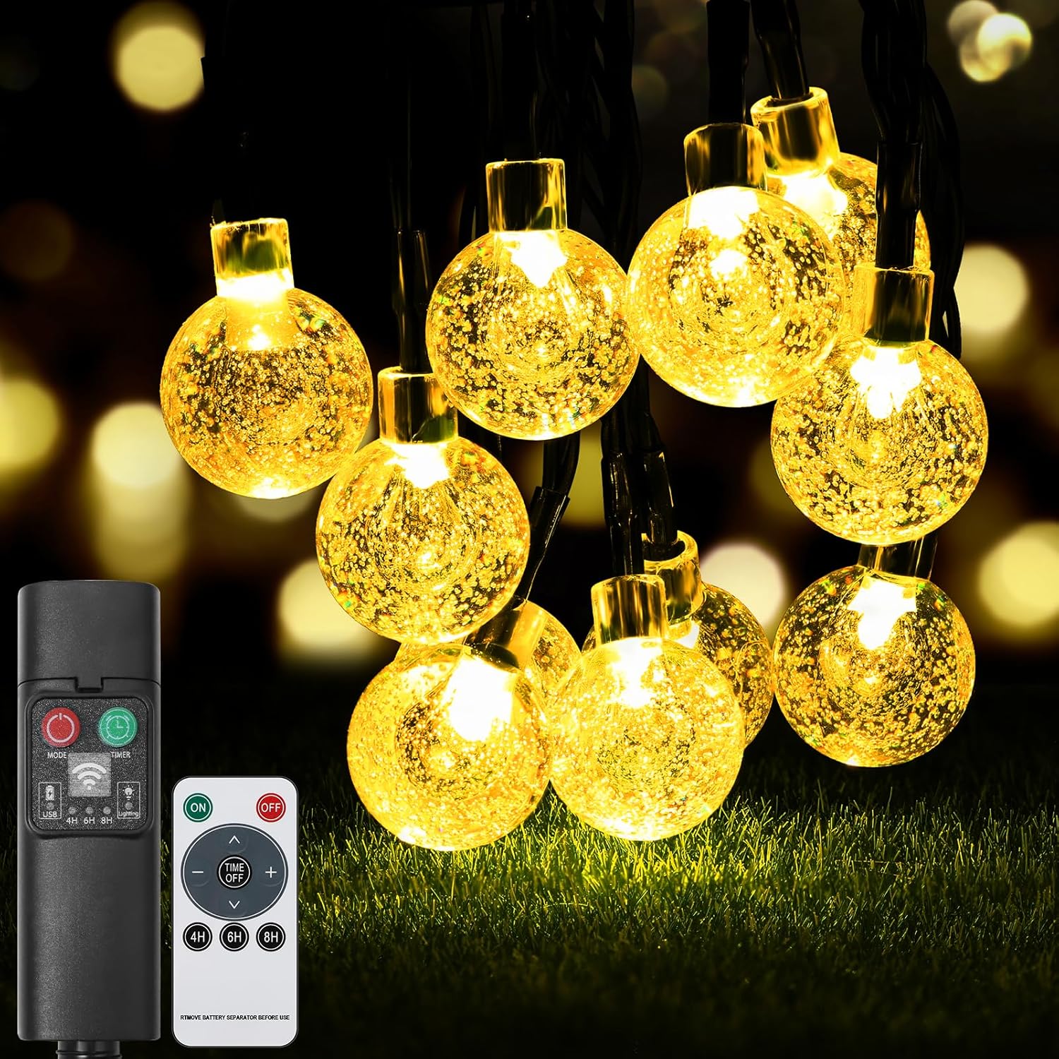 Cadena de luces de vidrio para exteriores, batería recargable con controlador, 36 pies 60 LED 8 modos IP65 impermeable para jardín, patio, boda, fiesta, decoración navideña