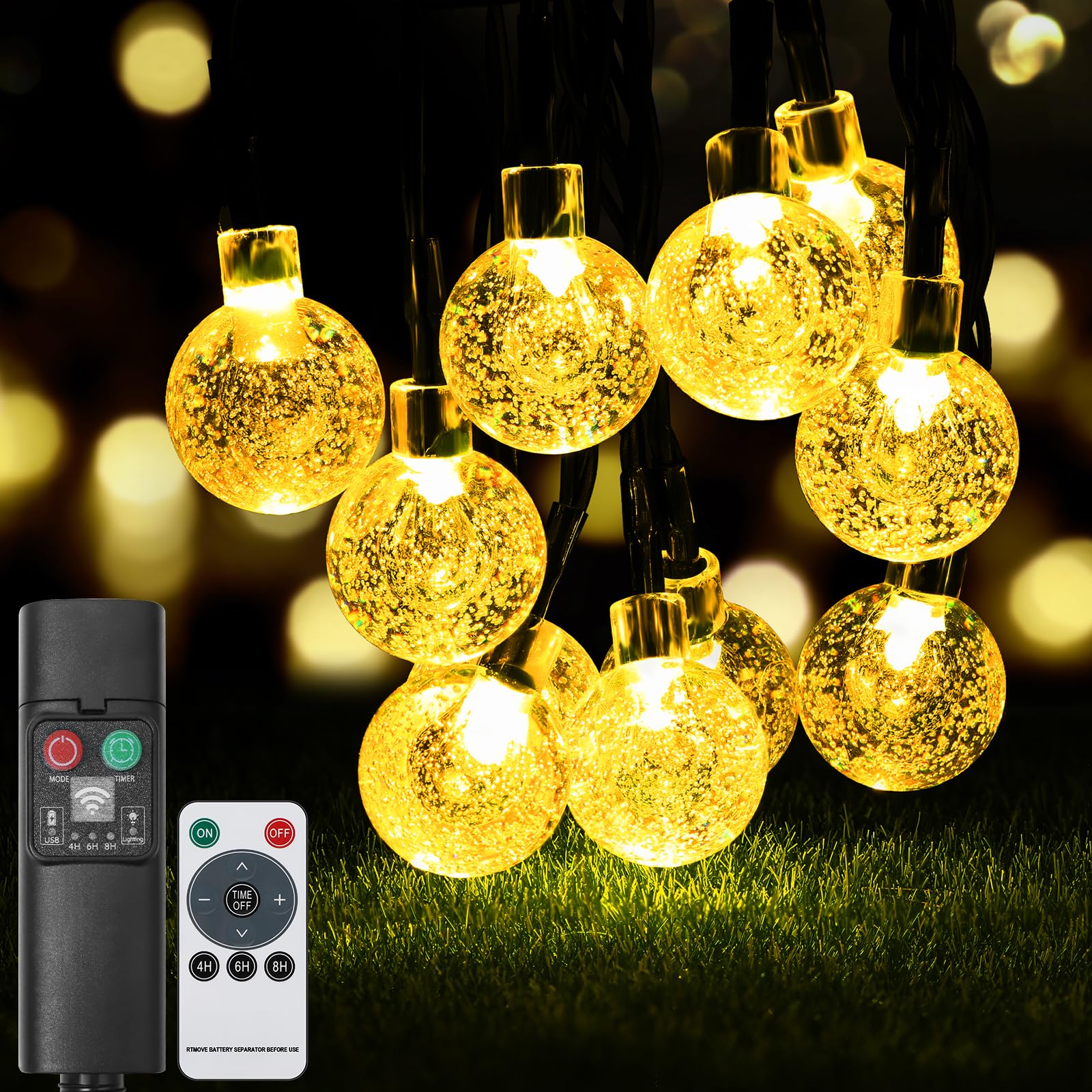 Kristall Kugeln Lichterkette Außen, Wiederaufladbare Batterie mit Controller, 11M, 60LED, 8 Modi, IP65 Wasserdicht, für Garten, Terrasse Deko, Hochzeiten, Partys, Lichterkette Aussen Solar