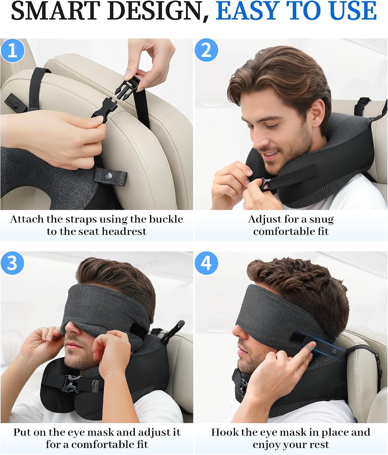 Travel Pillow for Long Flight Airplanes, Head Strap with Soft Eye Mask for Sleep, Memory Foam Travel Neck Pillow for Car Trip Essential, 360° Headrest Support to Stop Head Bobbing, EVA Case, Grey image 5