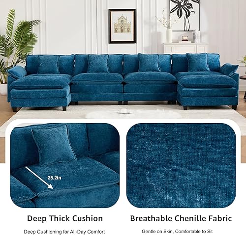 Miniatura 5 de Sofás seccionales modernos de 117.9 pulgadas para sala de estar, cómodo sofá nube de felpilla azul, sofá seccional de 3 plazas para sala de estar