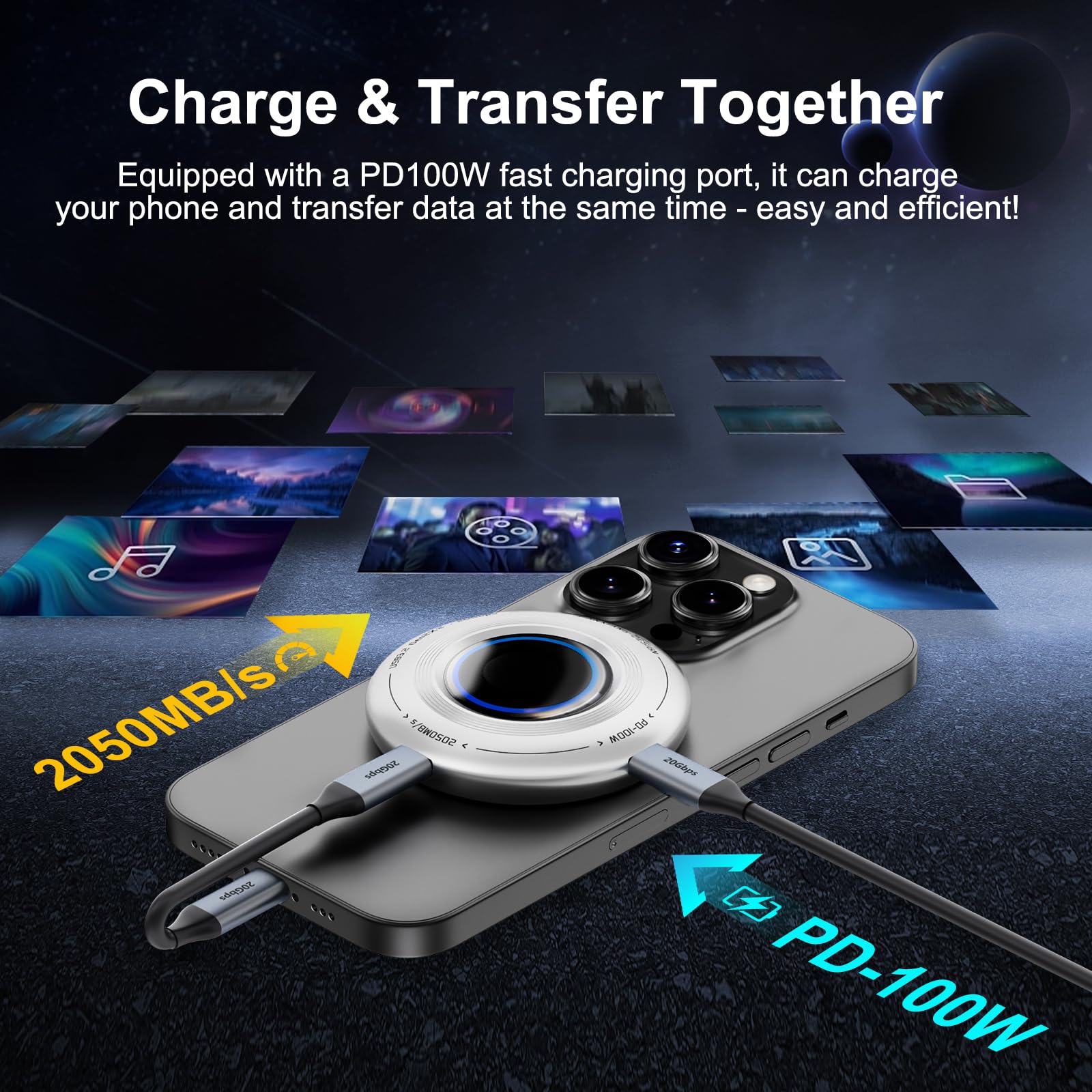 Fikwot FP108 2TB SSD esterno con PD-100 W e 2050 MB/s, USB 3.2 Gen2x2 con anello magnetico, riproduzione durante la ricarica, compatibile con iPhone 15/16, Steam Deck, Switch Lite e altro ancora!