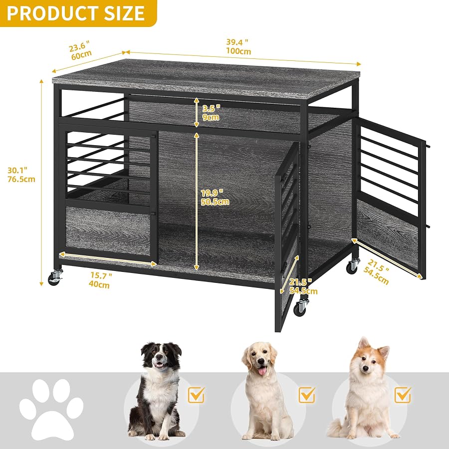 DWVO Dog Crate Furniture, 39.4 Inch Dog Kennel Indoor Furniture End Table Dog Crate for Dogs, Modern Decorative Dog Crate Wooden Dog Crate Furniture with Wheels, Chew-Resistant, Dark Grey
