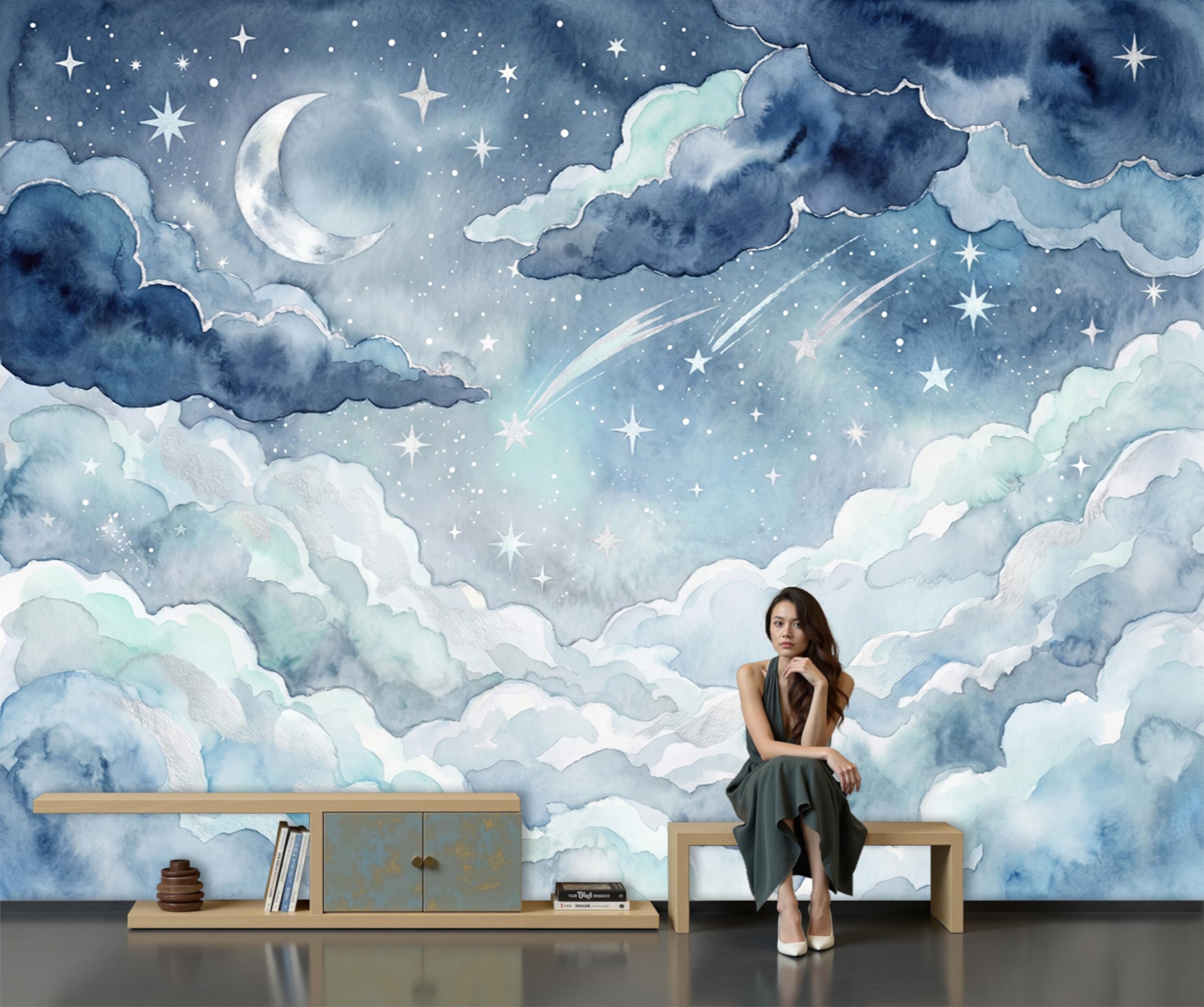 Papier peint panoramique lune argentée pour créer un cocon doux dans le salon