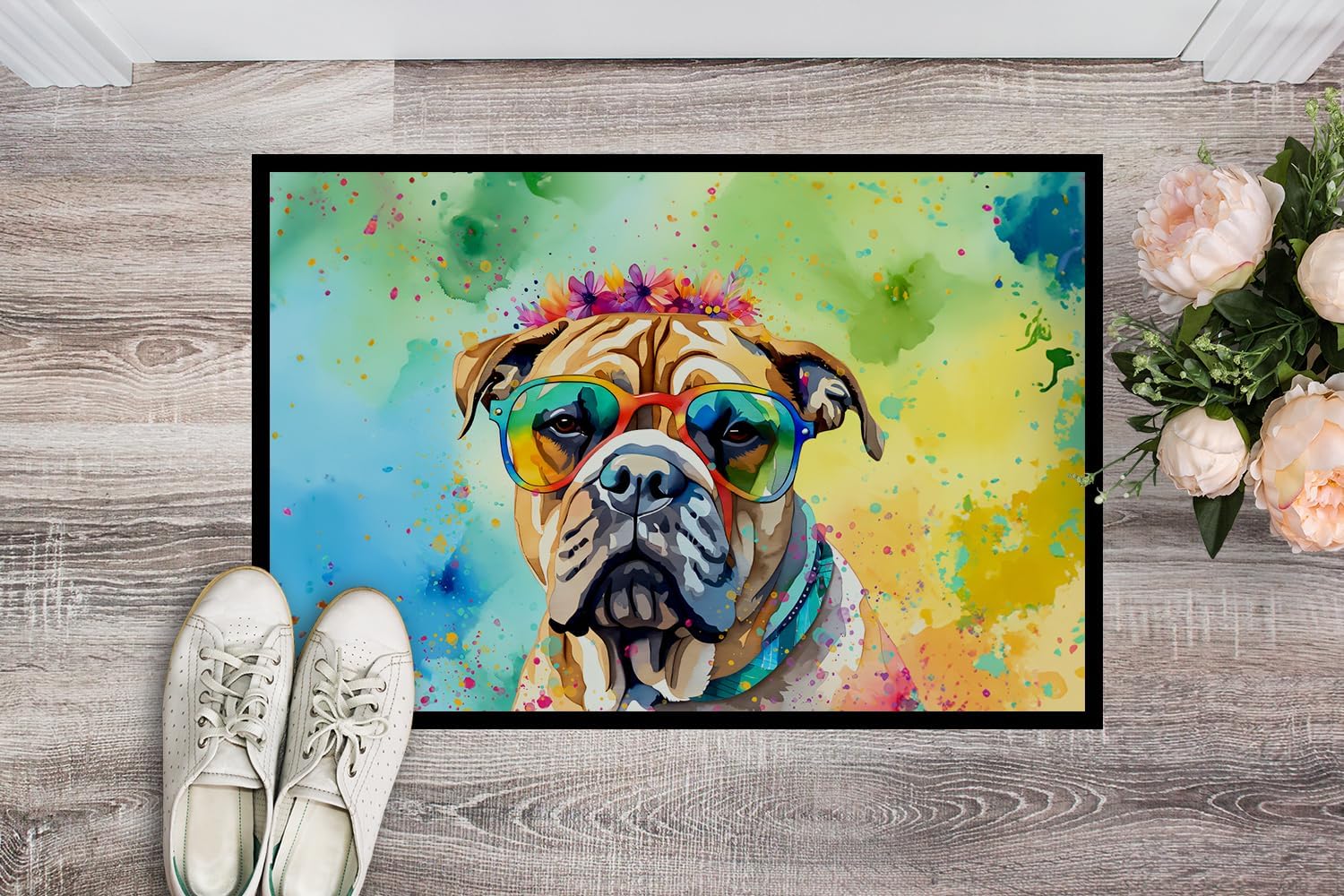Caroline's Treasures DAC2478MAT Bullmastiff Hippie Dawg Doormat Front Door Mat Indoor Outdoor Rugs for Entryway, Non Slip Washable Low Pile, 18H X 27W