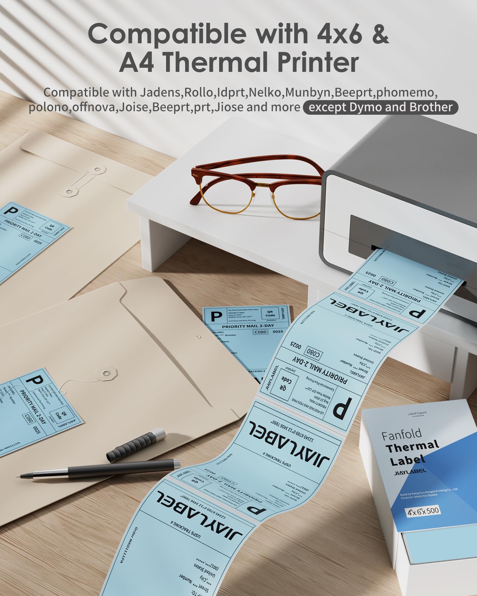4x6 Etichette di spedizione termica per spedizioni postali carta per stampante termica diretta per etichette USPS Indirizzo UPS Big Packing Fanfold Colore blu 500 etichette/stack, 1 pila