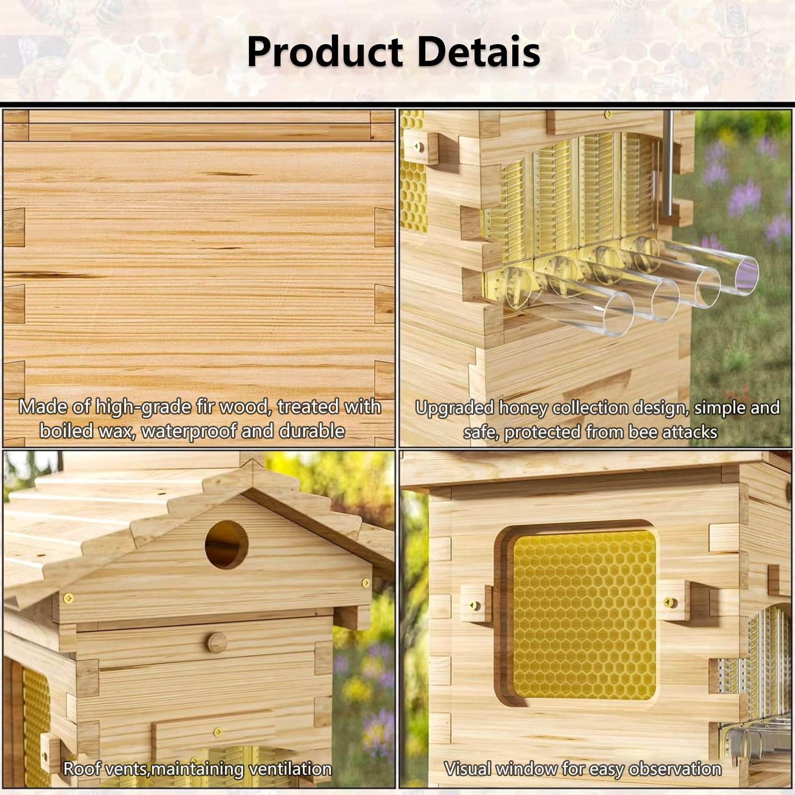 Professioneller Bienenstock mit selbstfließender Honigsammlung und belüftetem Design, ideal für Imker im Hinterhof, um Bienen zu überwachen und Honig sicher und einfach zu ernten