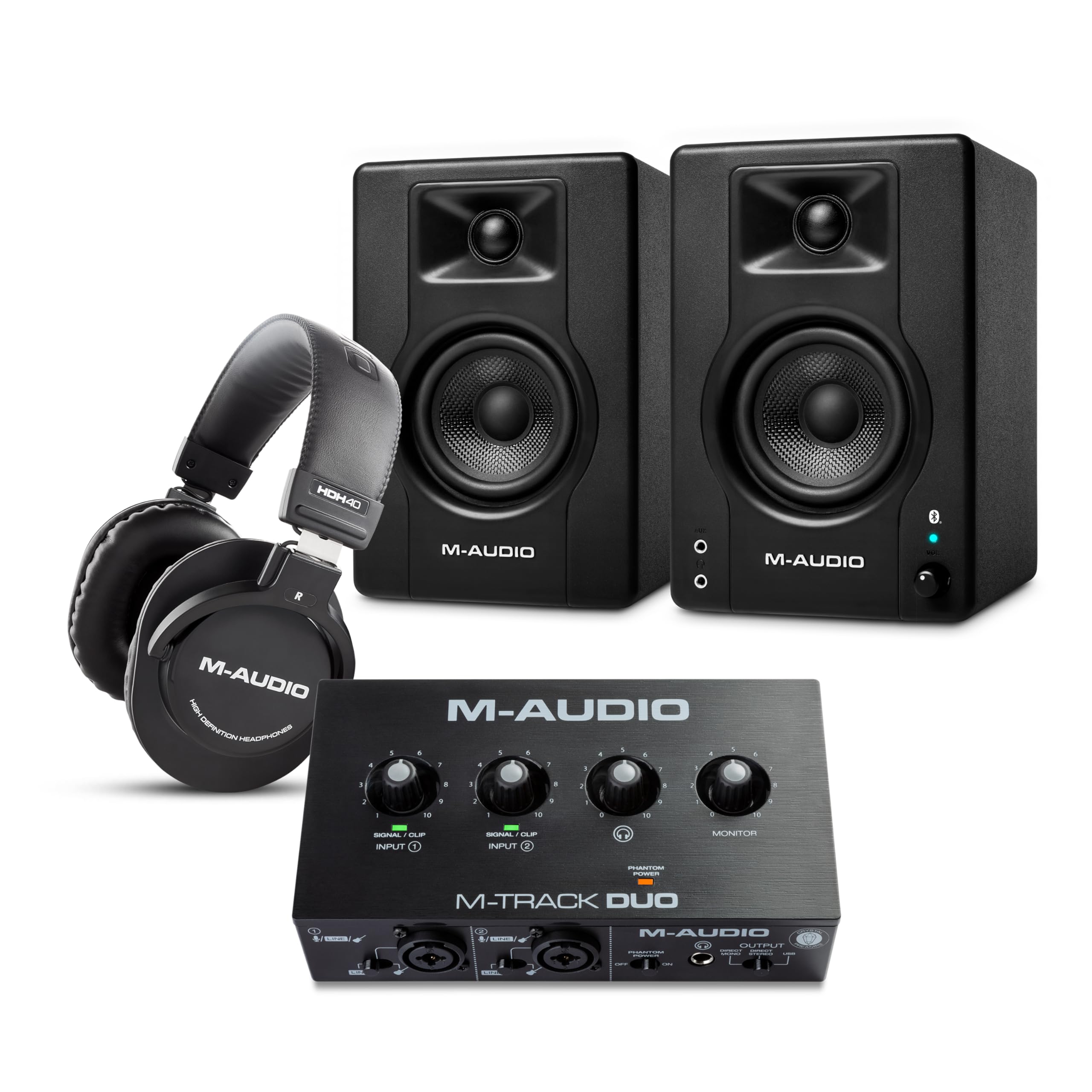 M-AUDIO BX3 Pair Bluetooth Studio Monitors Budnle with Dual XLR Audio Interface and Headphones for Studio Recording, Music Production, Podcasting, Streaming