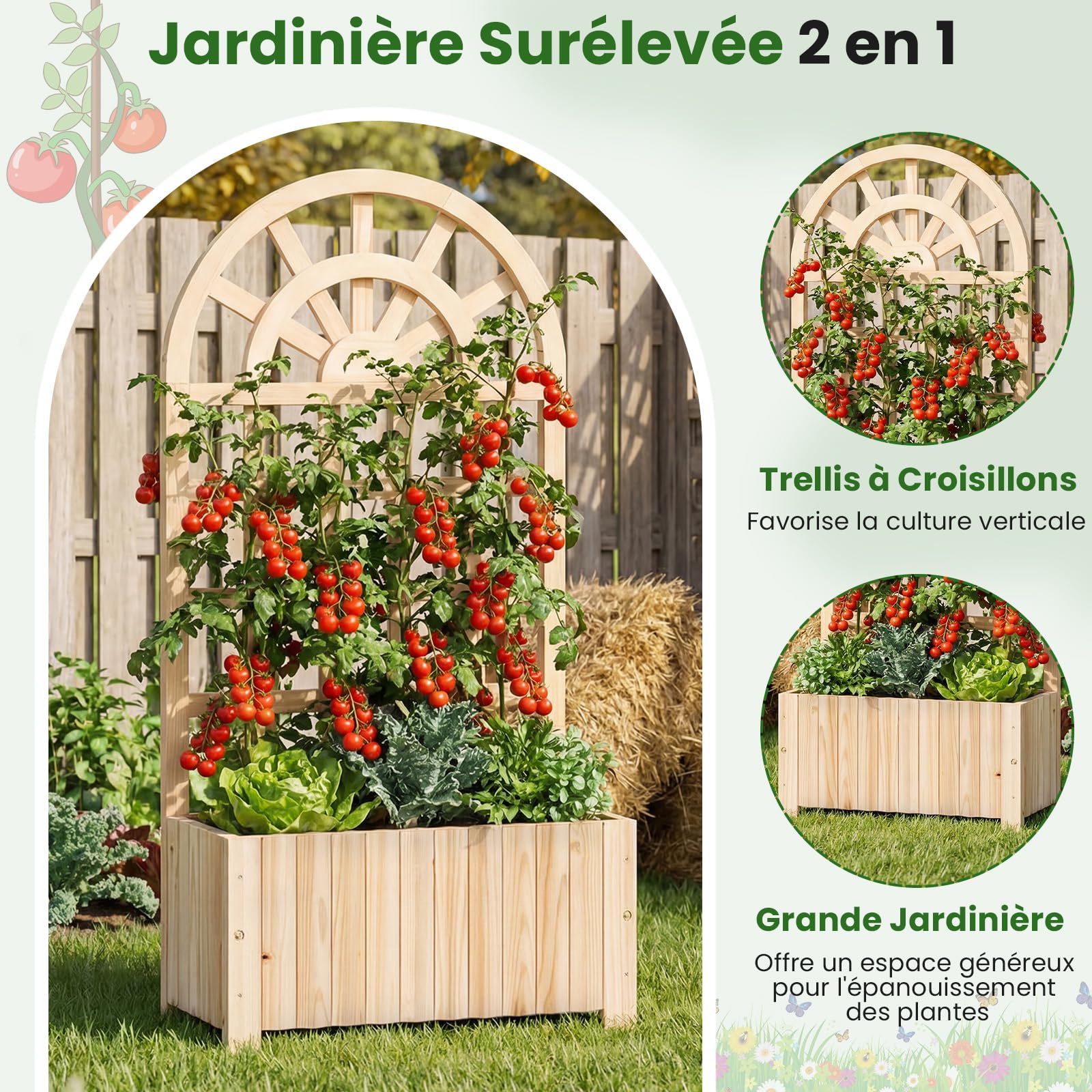 COSTWAY Jardinière en Bois avec Treillis, Lit de Jardin Surélevé avec Écran d'Intimité et Trous de Drainage, Bac à Fleurs d'Extérieur pour Plante Grimpante Fleurs Légumes, 61 x 30 x 121 cm (Naturel)