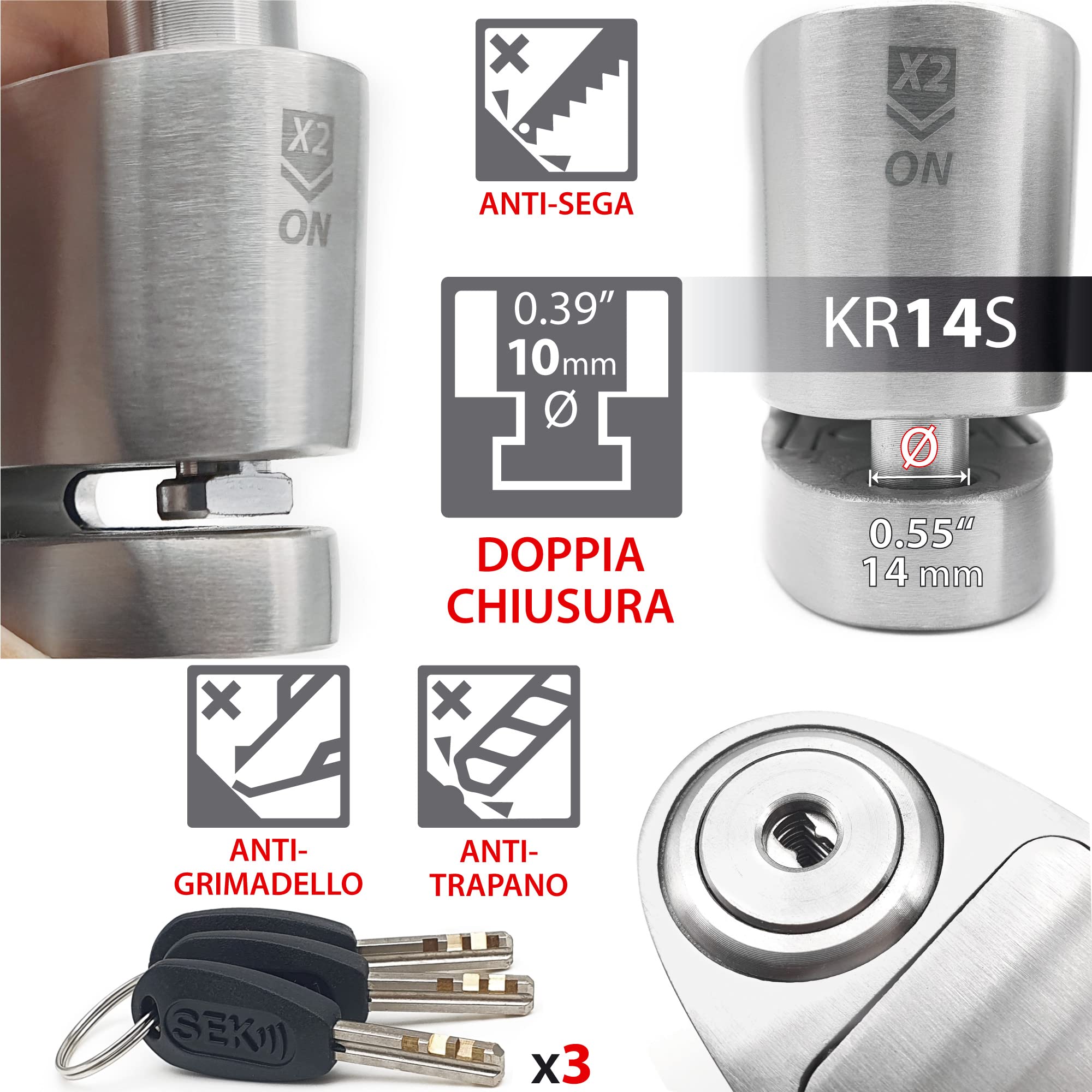 KRASER KR14S Bloccadisco Moto con Allarme 120dB, Omologato SRA, Doppia Fermatura ø14mm, Alta Sicurezza Antistrappo, Impermeabile, Filo Promemoria, Lucchetto Antifurto Moto Blocca Disco