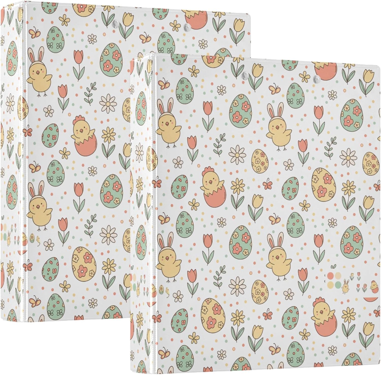 Easter Chicks and Eggs 3 Ring Binders, 1.5” Round Ring Binders with Clipboard - Letter Size, 3 Interior PVC Clear Pockets & Anti-Slip Clip for Office School Supplies, 2PCS