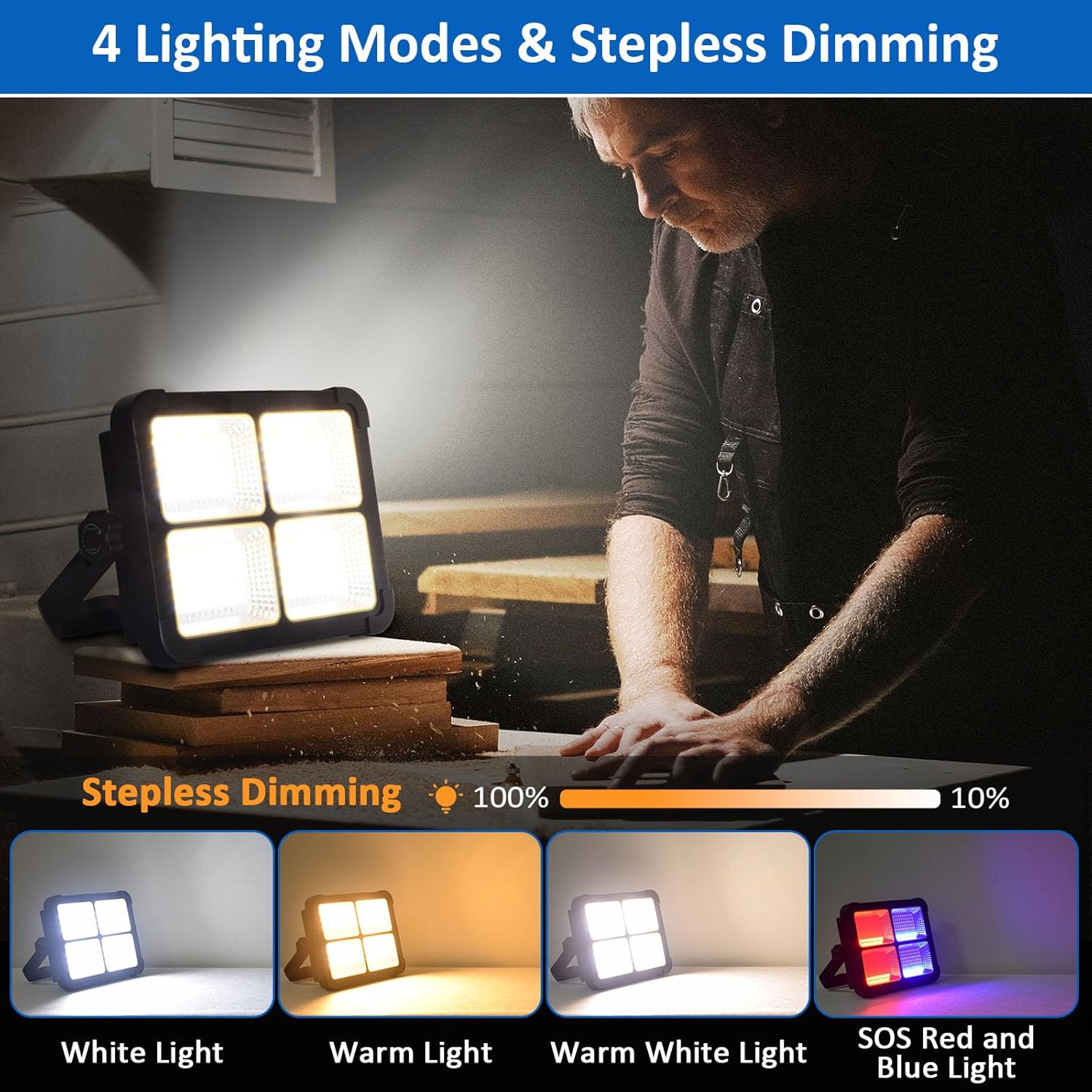 100W Rechargeable Work Light, 12000mAh Solar Work Lights, 336 LEDs Flood Light, 4 Lighting Modes& Stepless Dimming, Portable for Camping, Car Repair, Power Cut, Emergency - Image 3