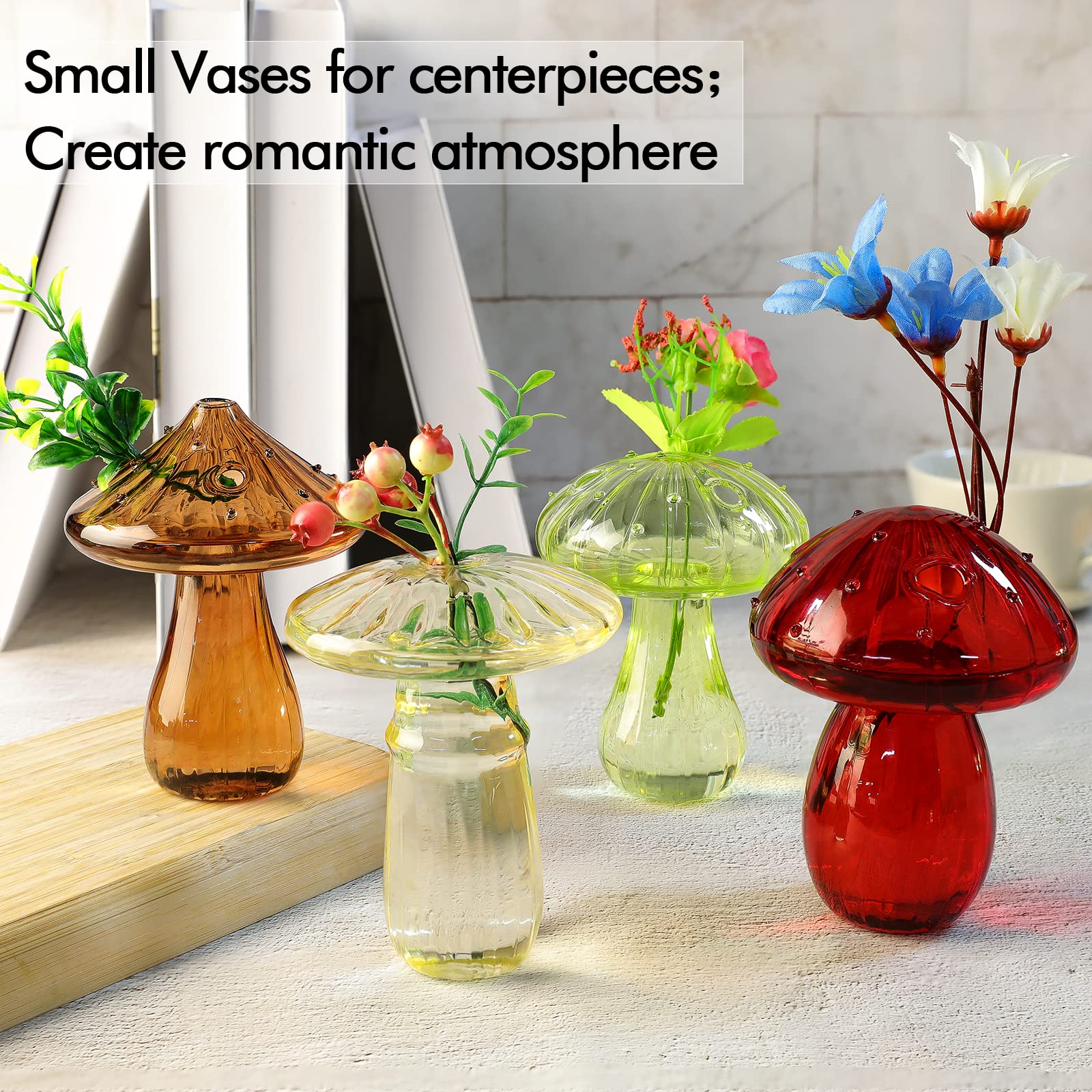 Lot de 4 vases en verre en forme de champignon - Vase hydroponique transparent - Fleurs et plantes pour décoration de table, décoration de maison, fête de mariage (4 couleurs)