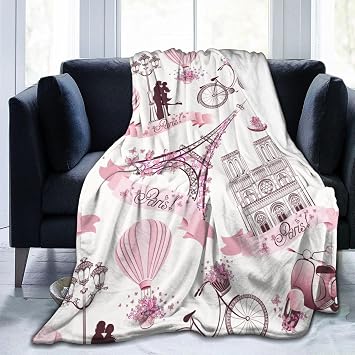 Paris Romantic Pink Blanket, Soft Blankets Flannel Bed Throw Cozy Lightweight Plush Gifts for Women Girls Sofa Couch Bedroom Living Rooms Warm All Season, Home Decor, Small 50"x40"