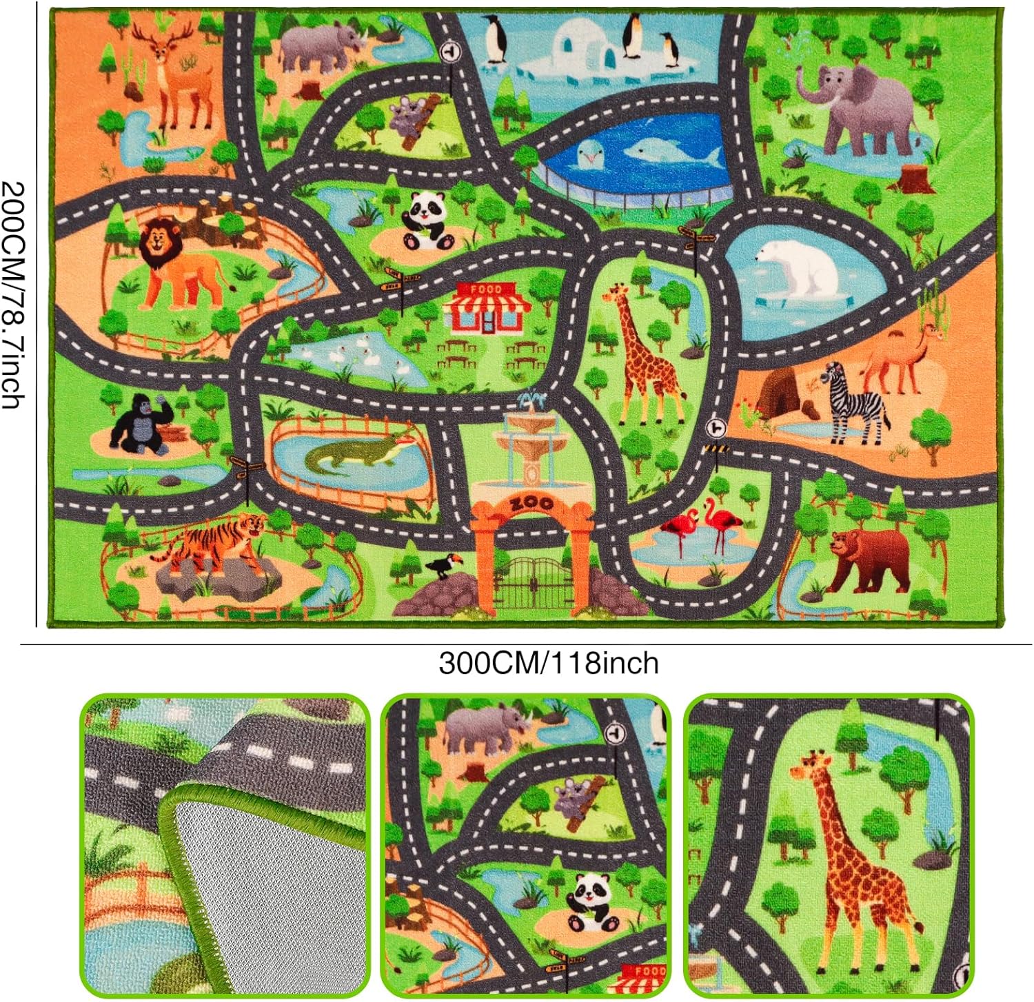 Kids Rug Playmat Rug,118"X78.7" Animal Car Rugs for Kids Toy Cars,Non Slip Zoo Road Map Kid Carpet for Playroom Bedroom Boys,Kid Play Mat Road Rugs,Track Play Carpet for Kid