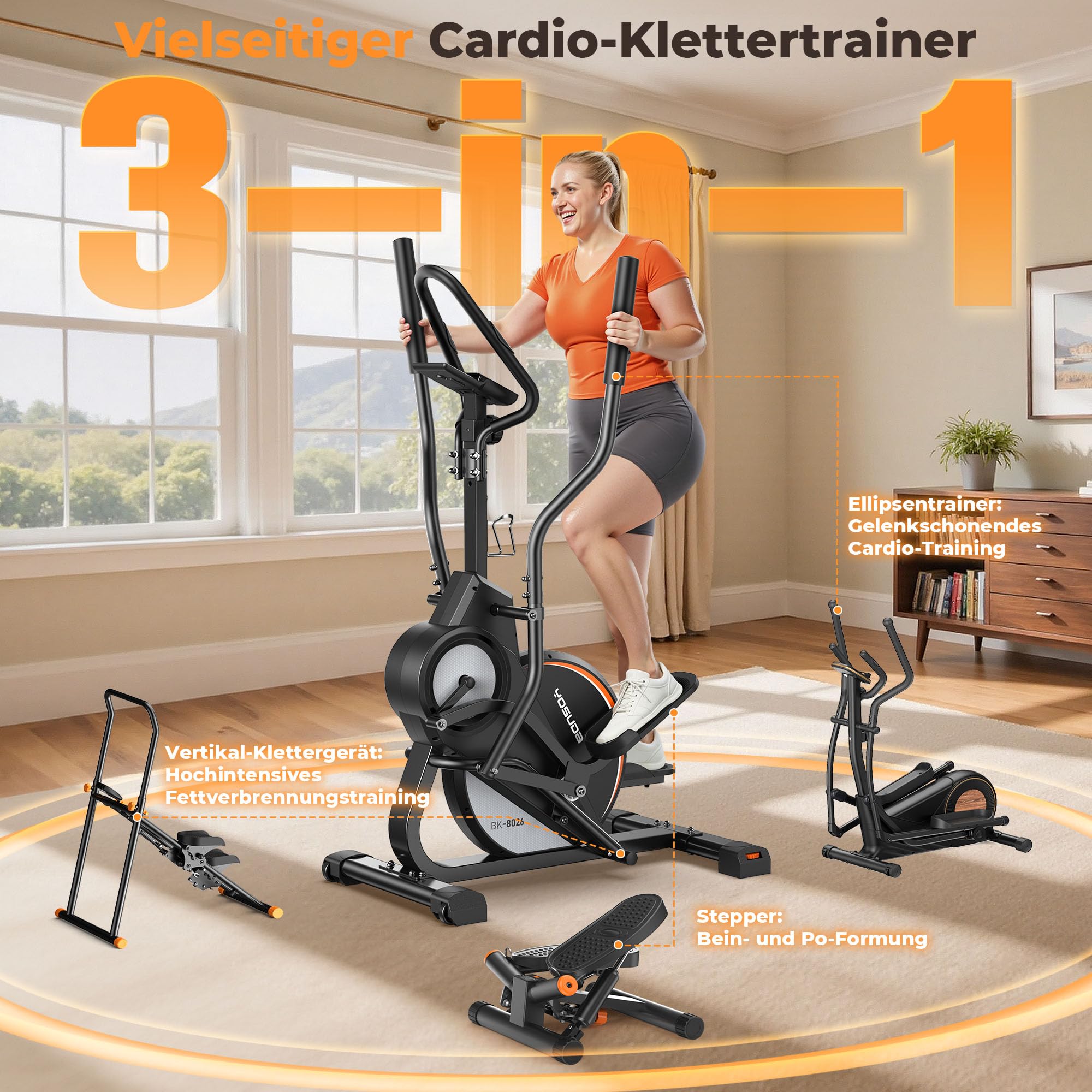 YOSUDA Crosstrainer 3-in-1 Ellipsentrainer Stepper Stairmaster 16 Widerstandsstufen 8kg Schwungrad Magnetisch