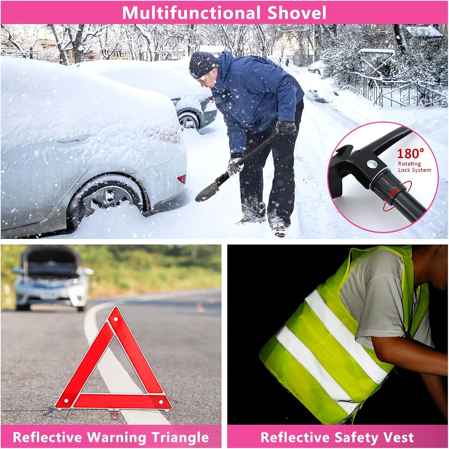 Car Emergency Kit with Portable Air Compressor - Roadside Assistance Emergency Kit, Winter Trave Assistance, Safety Emergency Kit for Cars, Trucks (Pink)