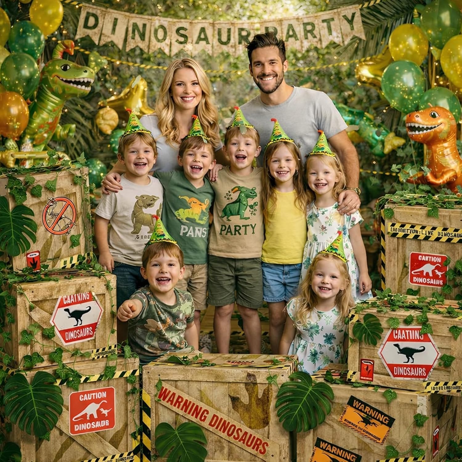 BruinBang 16 Pcs Dinosaur Theme Box Decor Set 6 Dinosaur Party Favor Boxes with 8 Palm Leaves and 2 Vines Dino Party Favor Decorations for Photo Booth PropsShower Dino Theme Birthday Supplies
