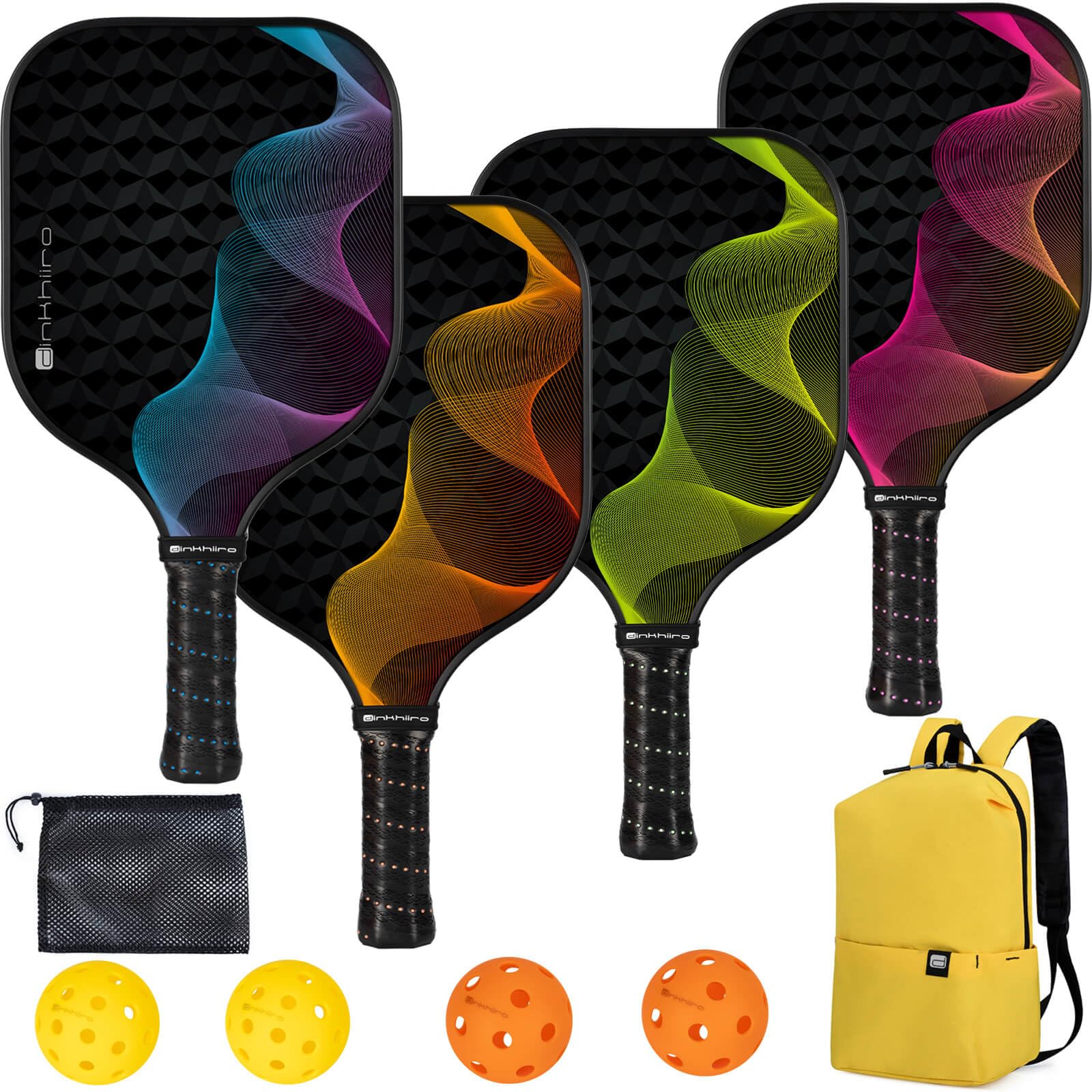 Pickleball-Paddles-Set of 4 with Balls and Racket Bag by Dinkhiiro,13mm Fiberglass Racquets for Adults, Teens, Women, Men | Pickle-Ball Equipment with Accessories for Beginner, Intermediate