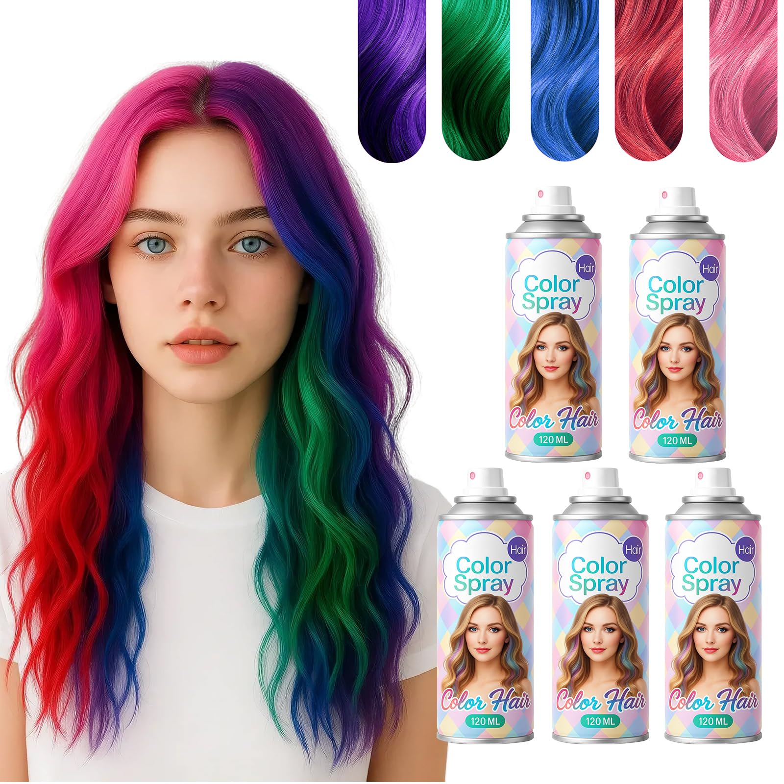 SPRINGSUGAR Lot de 5 sprays de coloration temporaire pour cheveux, rose, rouge, violet, bleu, vert pour femmes, enfants, hommes, laque longue durée et lavable pour Halloween, cosplay