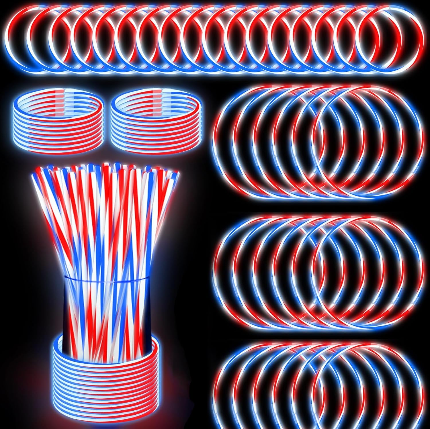 100 PCS 250th Anniversary 4th of July Glow Sticks Bulk with Connectors,Red White Blue 3 Colors In 1 Glow in The Dark Stick, Light Up Bracelets & Necklaces for Kids & Adults Party Favor Supplies