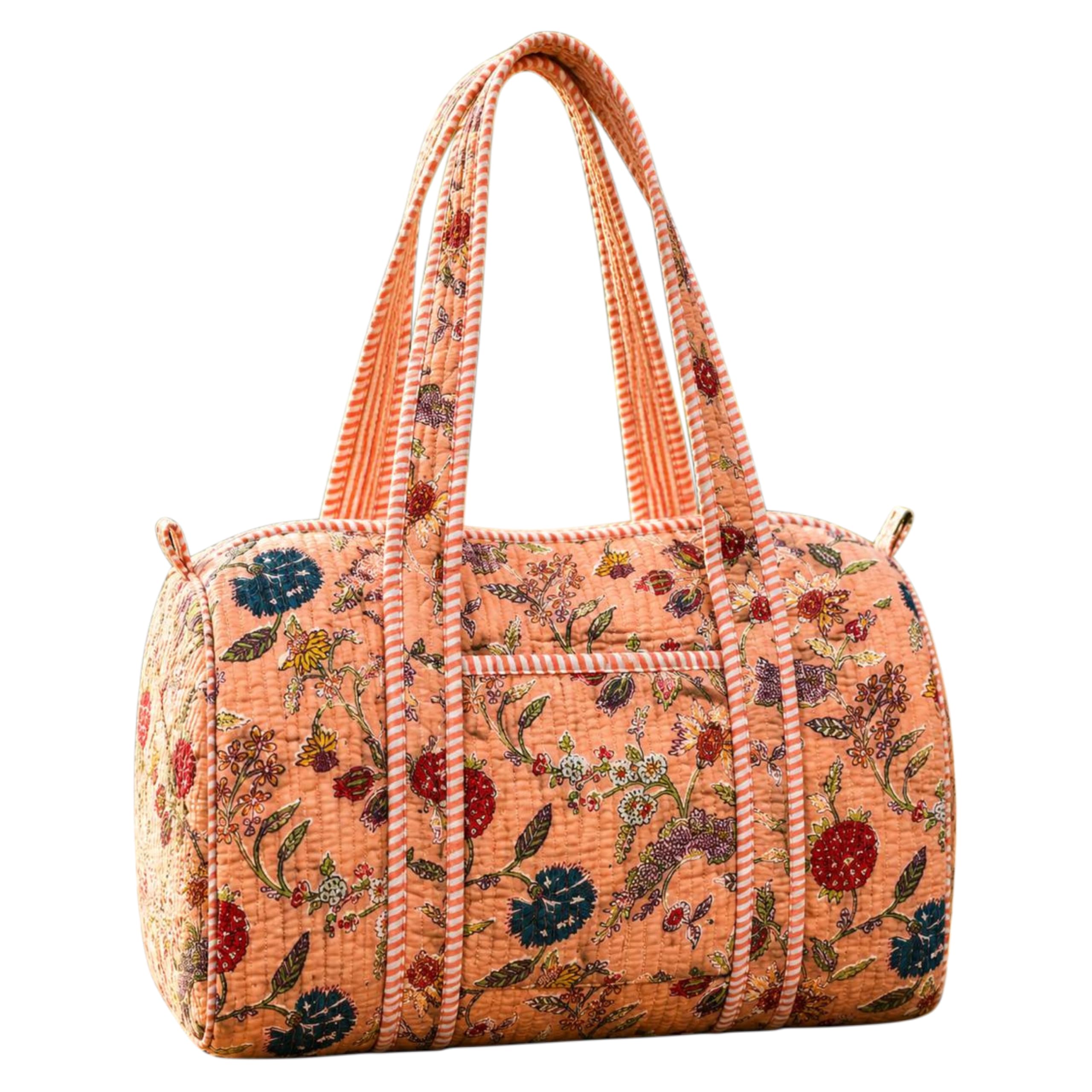 Jaipuri Handblock Print Cotton Quilted Duffle Bag for Women & Girls | Rajasthani Handmade Eco-Friendly Travel Bag | Large Capacity Gym Yoga Sports Golf Weekender Shoulder Tote Bag (Handblock Bloom 1)-image-23