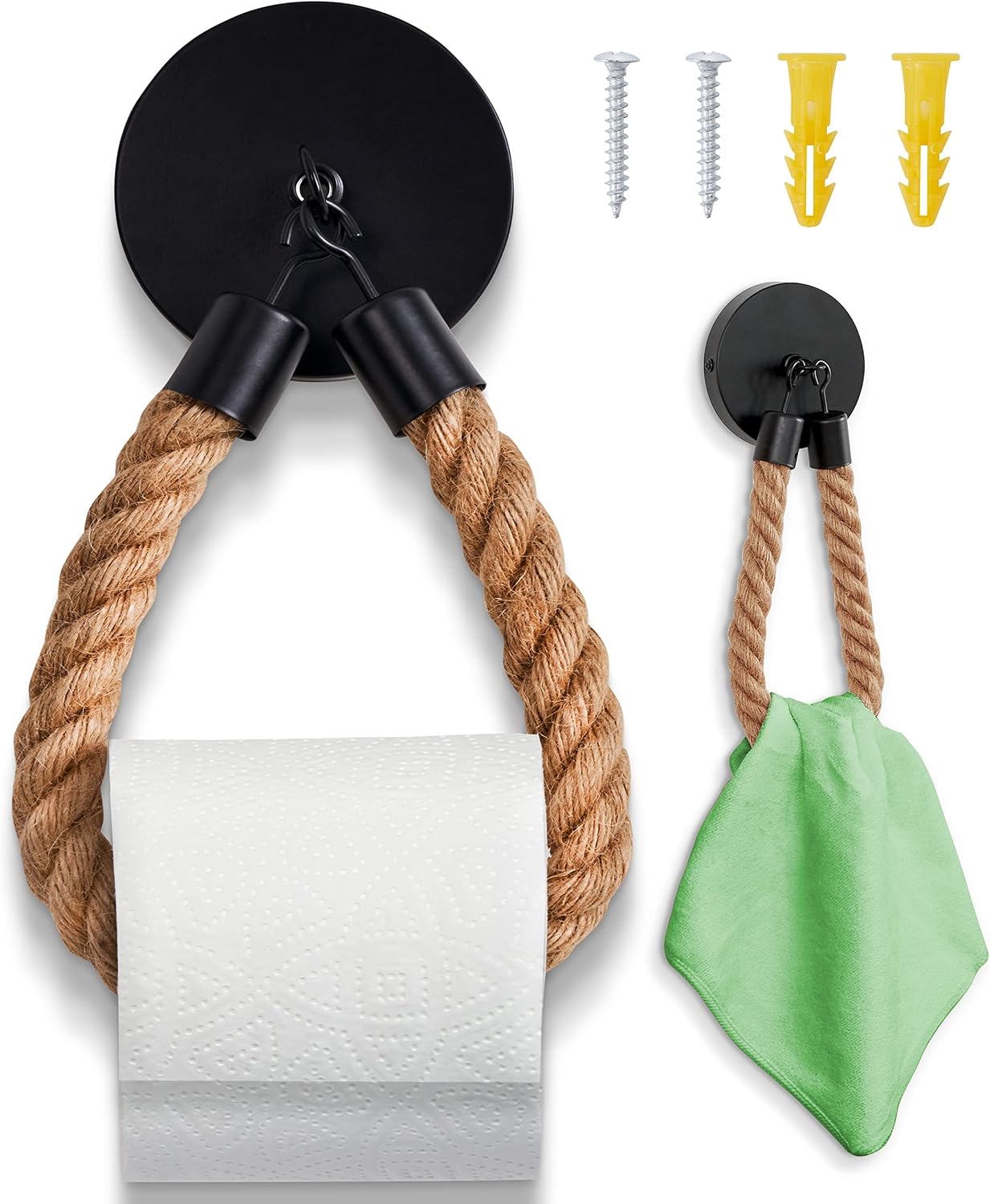 HENNEZ Wall Mounted Toilet Paper Holder with Hole - Black Industrial Deco Style with Jute Rope - Wooden
