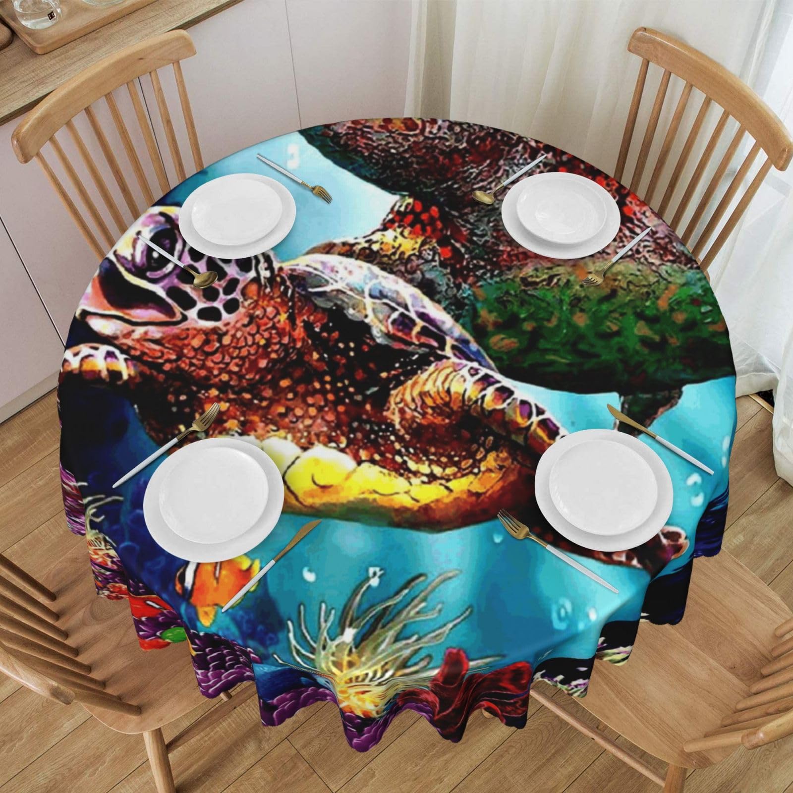 DCEHGEW 60 In Round Tablecloth with Lace, Sea Turtles Diamond Painting Printed Oilproof & Washable Fabric Picnic Table Cloth Table Covers