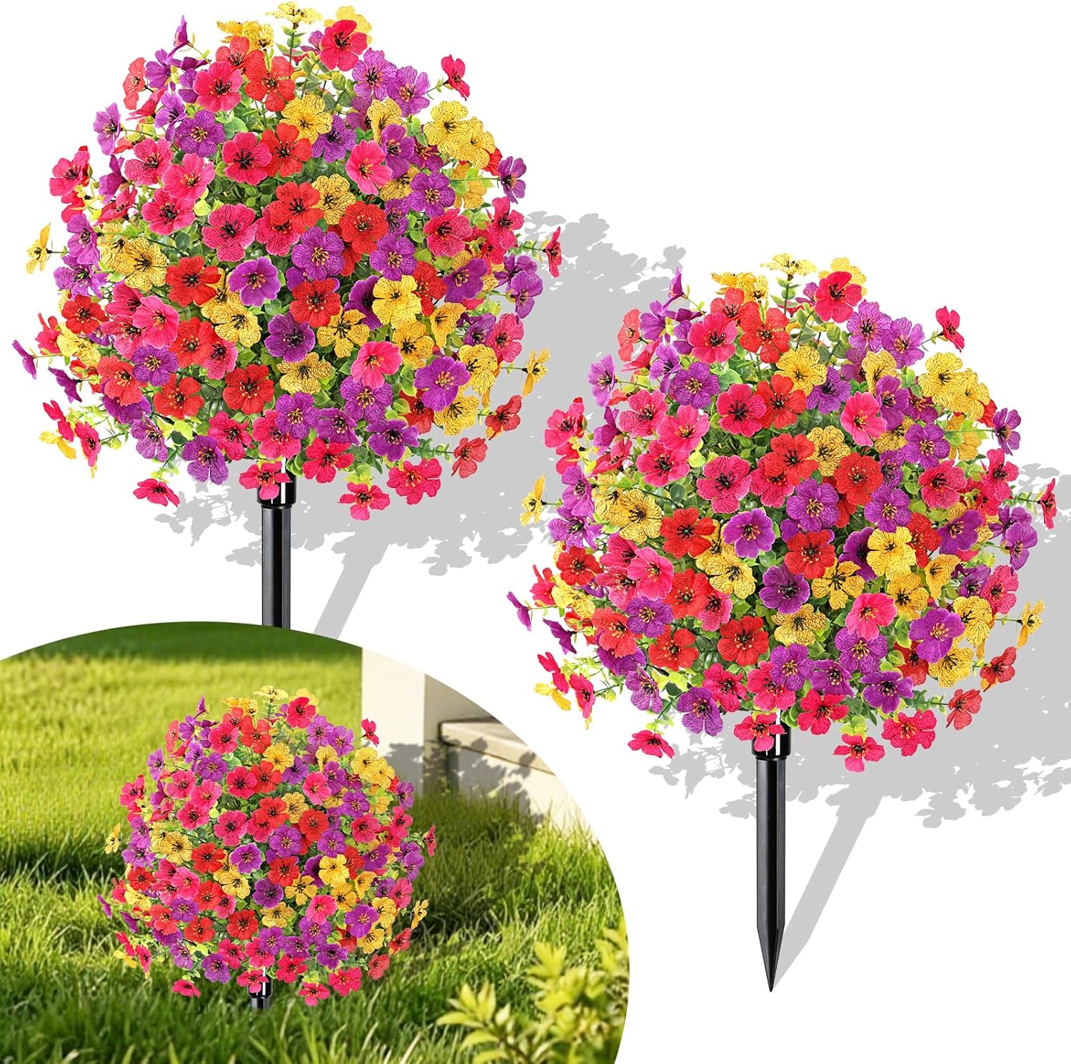 KHOYIME Artificial Topiary Ball Flowers for Outdoors, 2 Pack UV Resistant Faux Silk Flower with Ground Spike Realistic Fake Shrubs Bushes Plant Spring Indoor Planter Porch Patio Yard Garden Home Decor