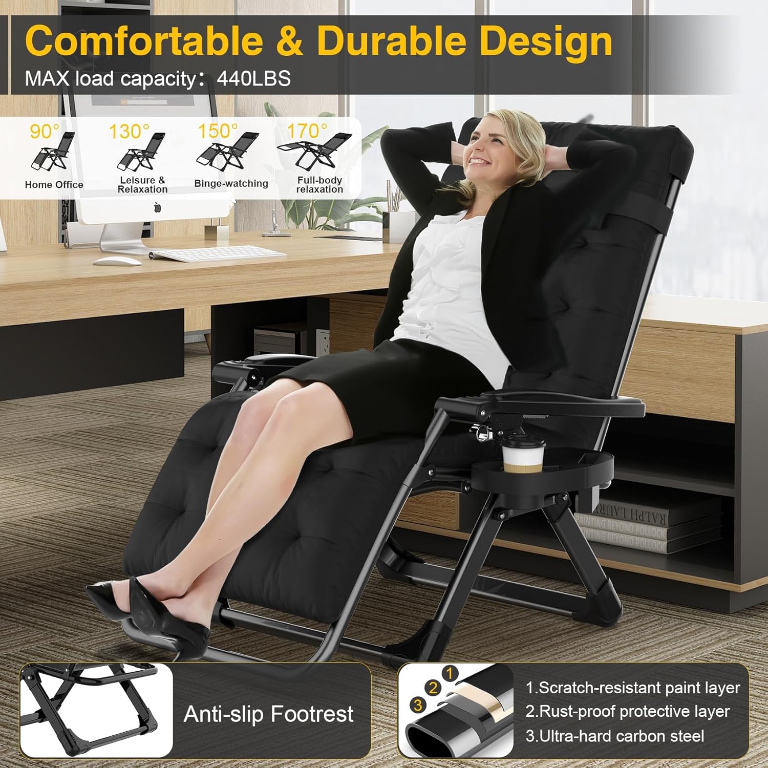 Suteck Zero Gravity Chair, Reclining Camping Lounge Chair with Aluminum Alloy Lock, Folding Patio Recliner w/Removable Pad, Adjustable Headrest and Side Tray for Outdoor Patio, Lawn, and Camping