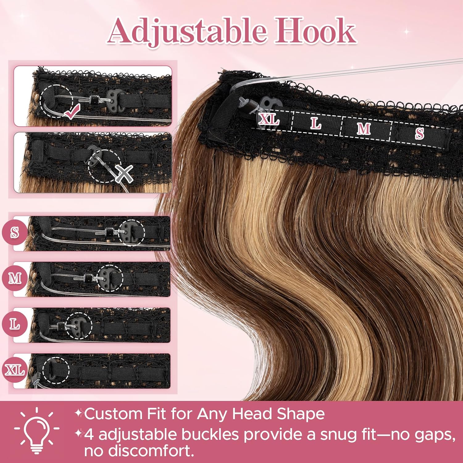 SEGO Halo Hair Extensions Real Human Hair Remy Wavy Invisible Wire Hair Extensions for Women Transparent Fish Line Adjustable Size -16 Inch 65g #4RP27R Medium Brown&Dark Blonde