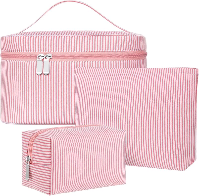 Huhumy Conjunto com 3 Necessaires de Maquiagem em Seersucker Rosa com Listras