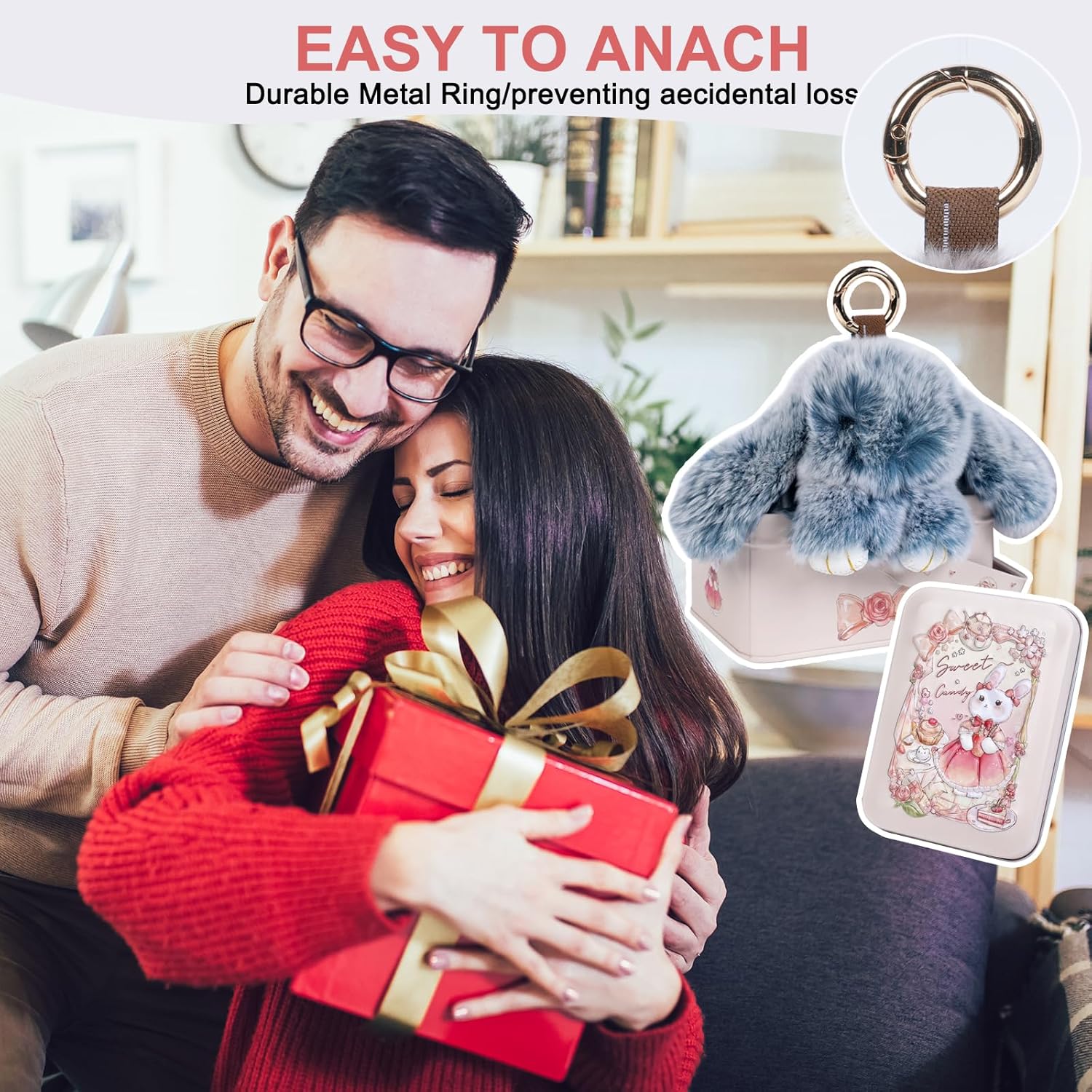 Bunny Cute Keychain with Tin, Handmade Plush Bunny Keychain Accessories for Women, Adorable Charm for Phones Bags - Image 3