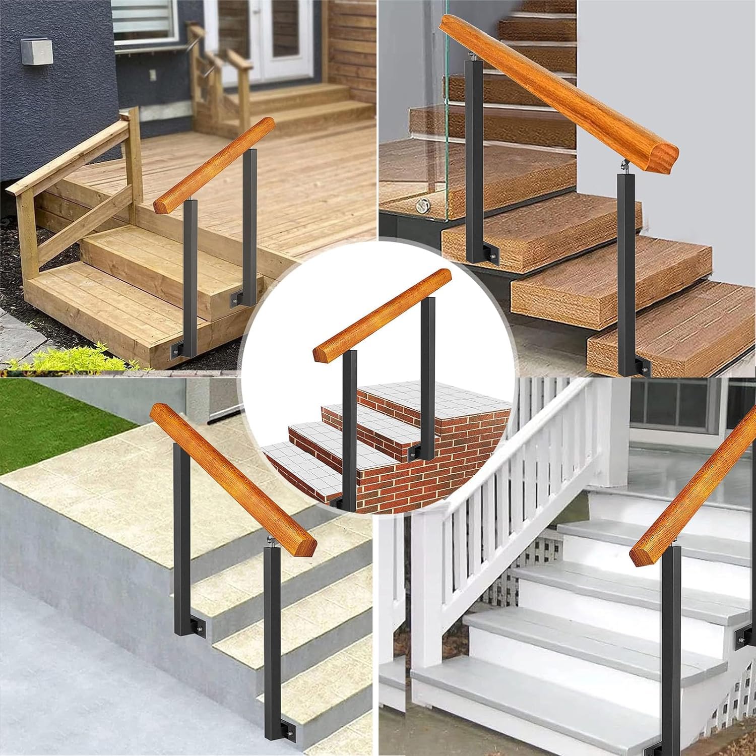 Woodenfor - Barandilla de escalera para exteriores, 1 3 peldaños con 2 piquetes de hierro forjado para escalones seguros (tamaño: 80 cm, color: 90 cm de altura)