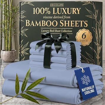 DECOLURE 100% Organic Viscose Sheets from Bamboo Queen Size 6 Piece - Ultra Soft & Luxury Cool, 17" Deep Pocket, Double Stitched for Hot Sleepers - Queen Bed Sheets Light Blue
