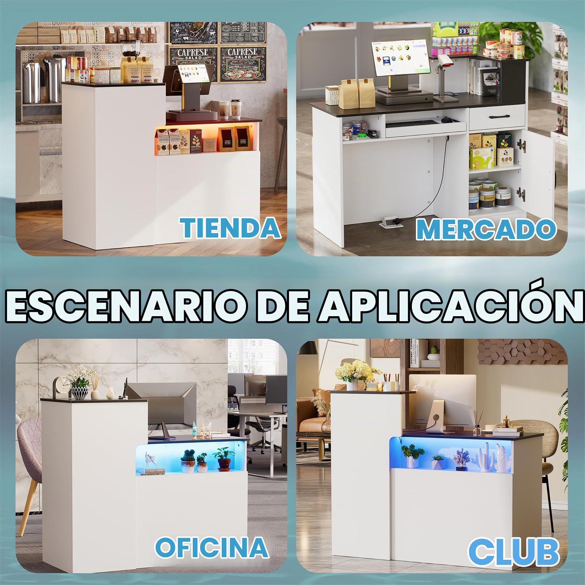 Mostrador de Recepción con iluminación LED Mostrador Basic con cajón para Teclado Escritorio de Recepción Moderno Mueble de recepción con Cajón y Armario Mostrador de Venta Blanco y Negro 50*120*100CM