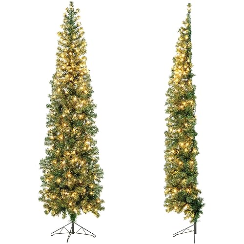 Goplus 7ft Prelit Half-Shape Christmas Tree, Space-Saving Slender Artificial Xmas Tree with 150 Lights, 450 Branch Tips, Foldable Metal Stand, for Indoor, Office, Home, Party, Holiday Decor