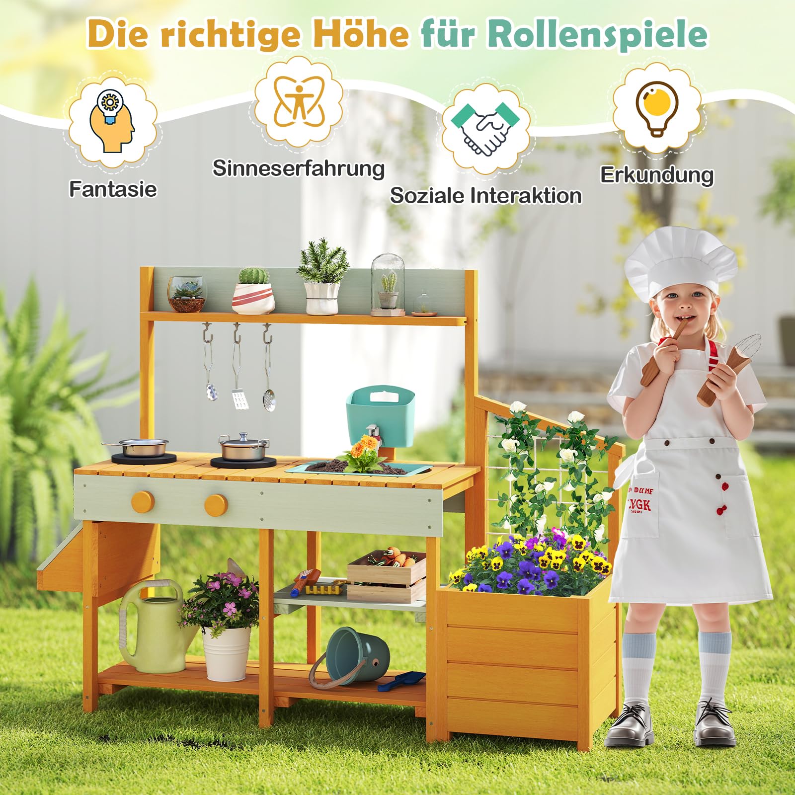 DREAMADE Matschküche Kinder Outdoor, Kinderküche Tannenholz mit Pflanzkasten & Rankgitter, Spielküche mit Wassertank, Herd, Spülbecken, Outdoor Küche mit Zubehör für Kinder ab 3 Jahren (Gelb)