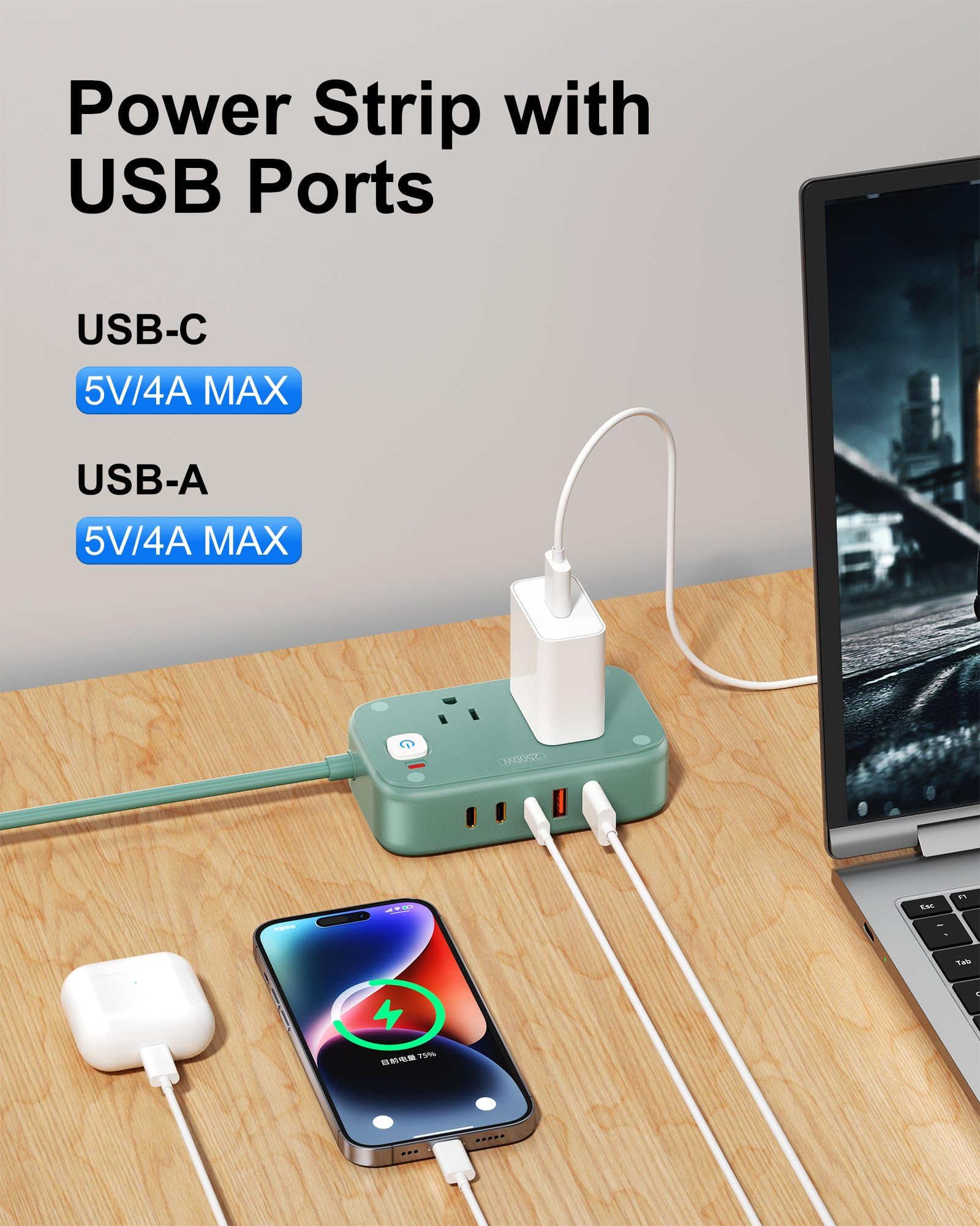 Regleta de alimentación con USB C - Estación de carga de 40 W con 2 tomas, 3 USB C y 2 USB A - Cargador para múltiples dispositivos, cable de extensión de enchufe plano de 5 pies para