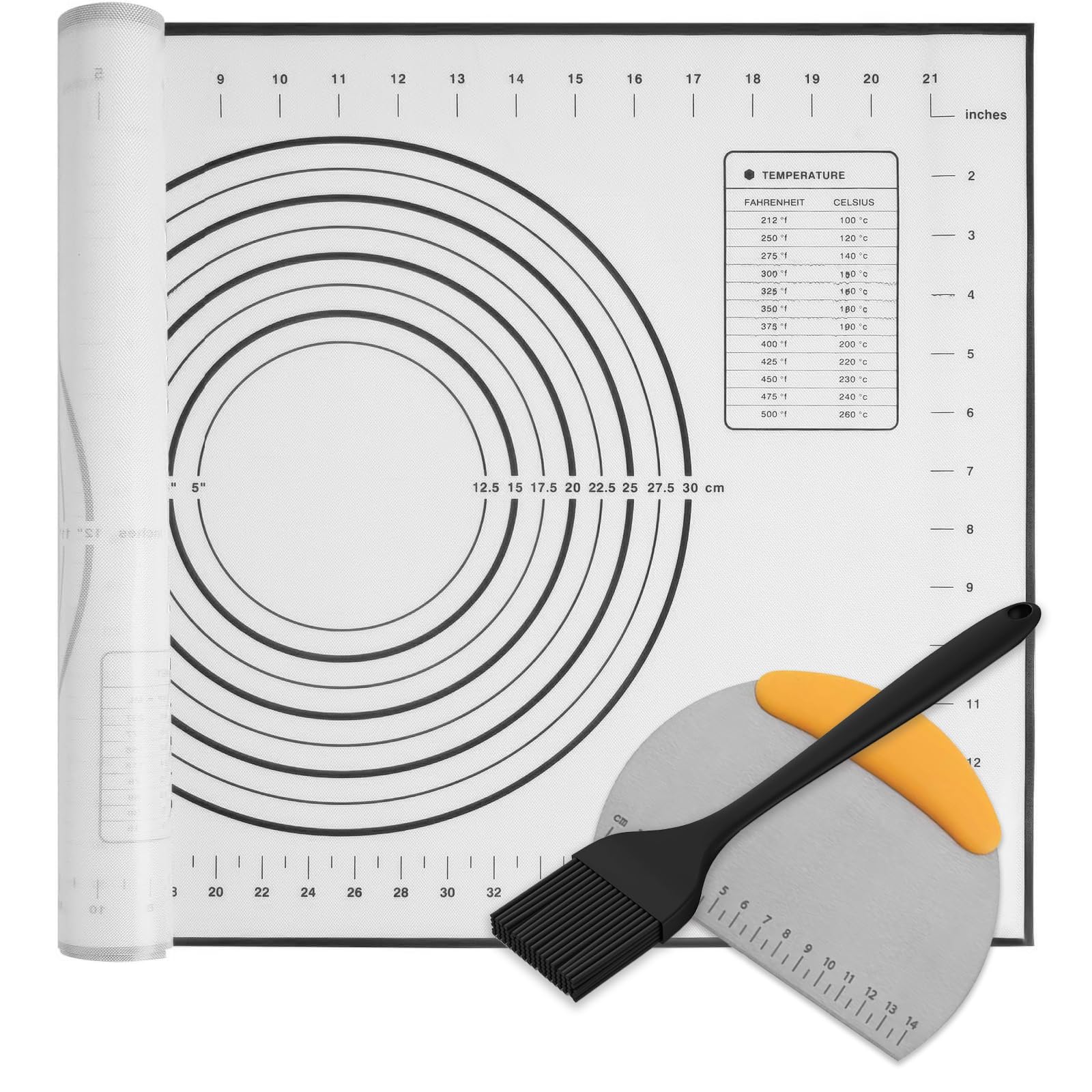 Silicone Pastry Baking Mat with Measurements Extra a Brush and Stainless Steel Scraper Dough Cutter, Baking Supplies Set for Bread, Cookies, Pizza, Fondant...19.7''X15.7'' Pastry Mat for Rolling Dough