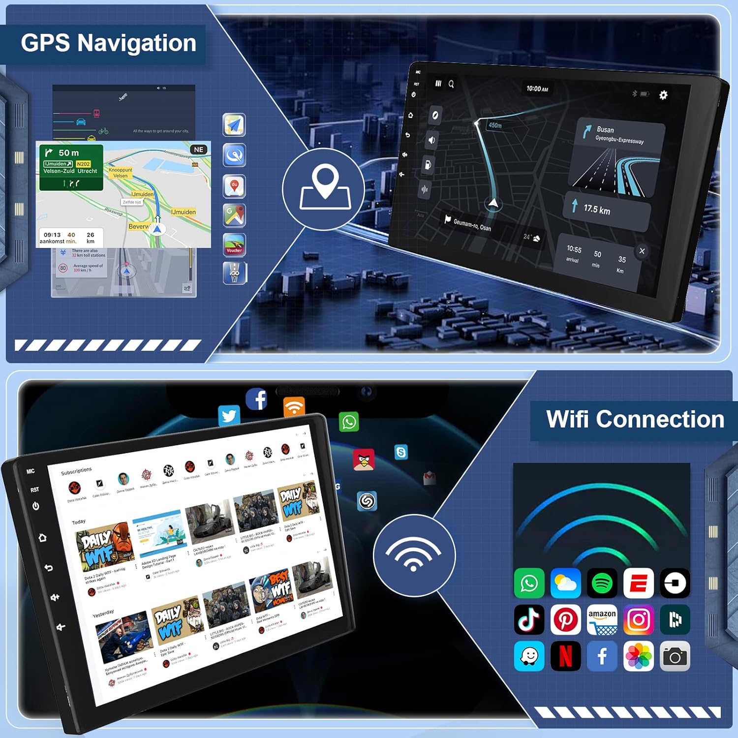 Autoradio screen showing GPS navigation with a map, route, and directions. Another part of the image shows the screen with various app icons and a WiFi connection symbol.