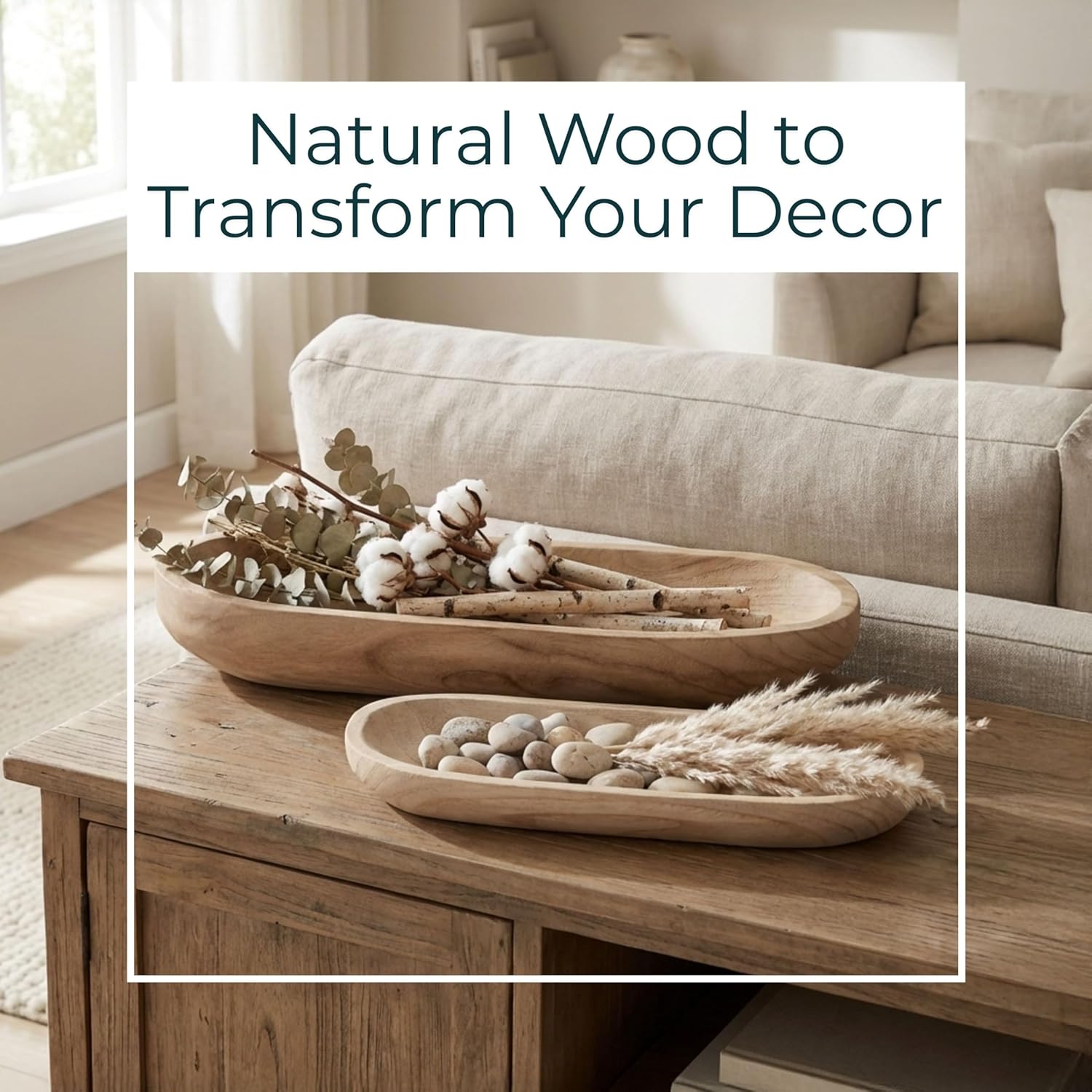 Paulownia Wood Decorative Bowls – Accent Bowl for Everyday Decorative Bowl Display, for Living Room, Kitchen, Entryway, or Shelf Decor, Rustic Aesthetic Brown Home Decor – 18" & 24", Brown