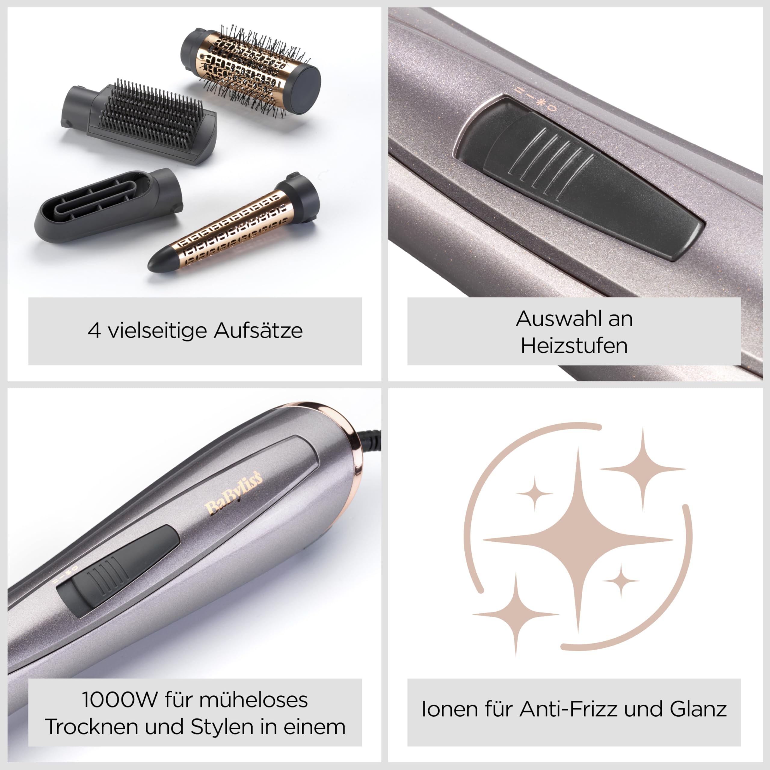 BaByliss Air Style 1000 – All-in-One Warmluftbürste, Volumizer, Glättbürste und Lockenstab, Ionen-Technologie für Anti-Frizz, 4 Aufsätze, Kupfer/Grau, AS136E