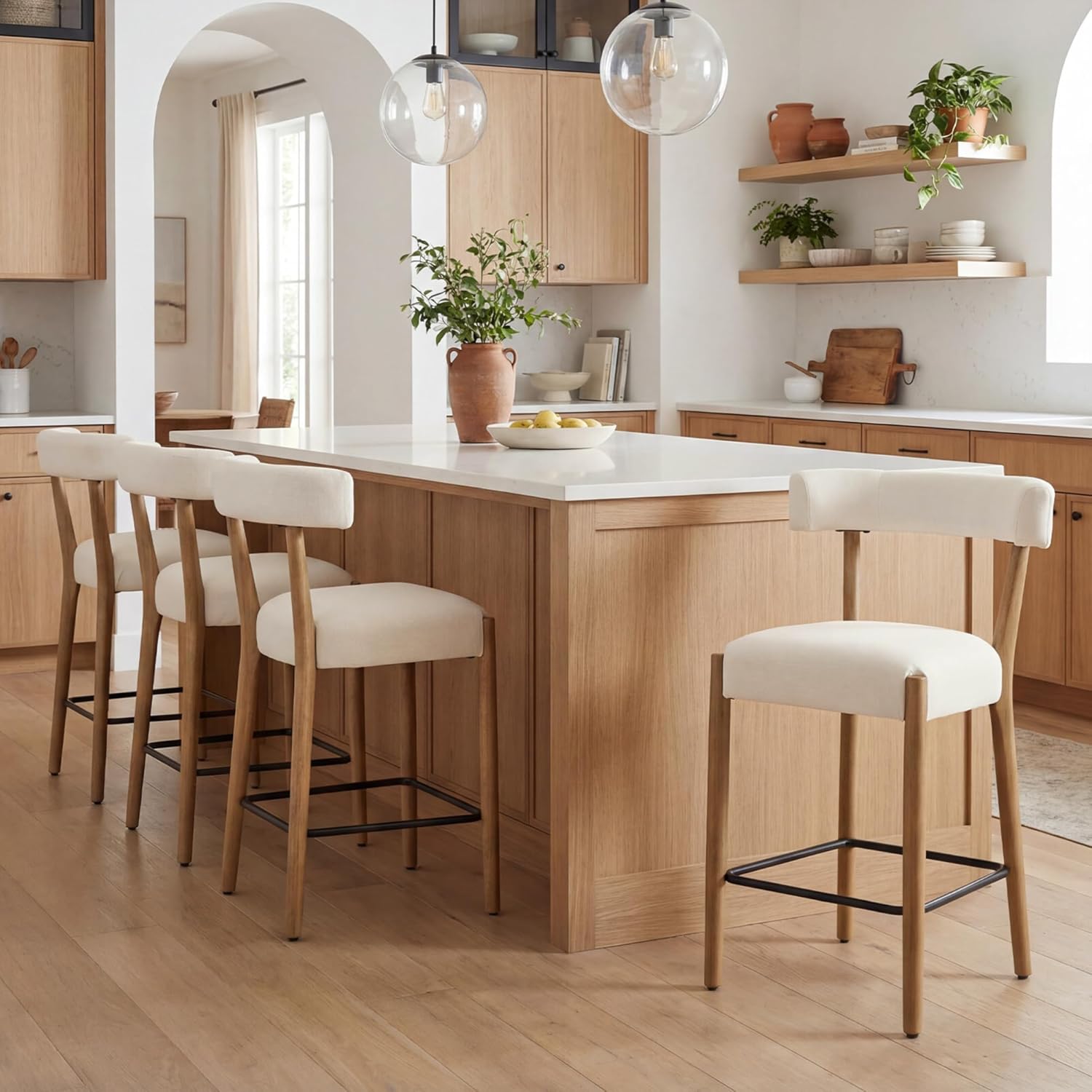26.5" Bar Stools Set of 2, Modern Counter Height Barstools with Curved Back and Rubberwood Frame Upholstered Linen Kitchen Stool for Kitchen Island, Bar Pub, Beige