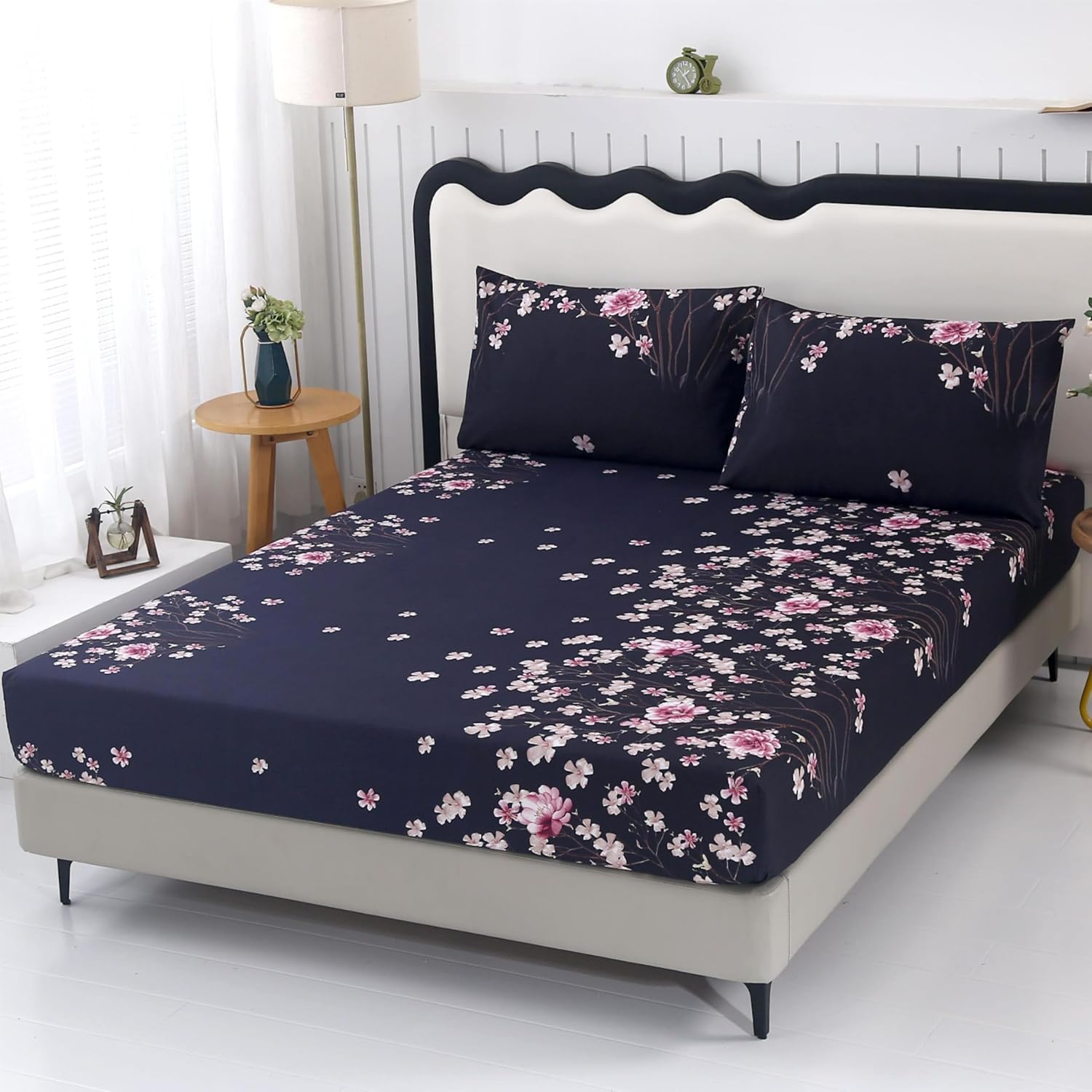 SDIII Navy Blue Floral Fitted Sheet Queen with 2 Pillowcase, Not Including Flat Sheet, Soft Microfiber Vintage Boho Floral Sheets Queen All Season