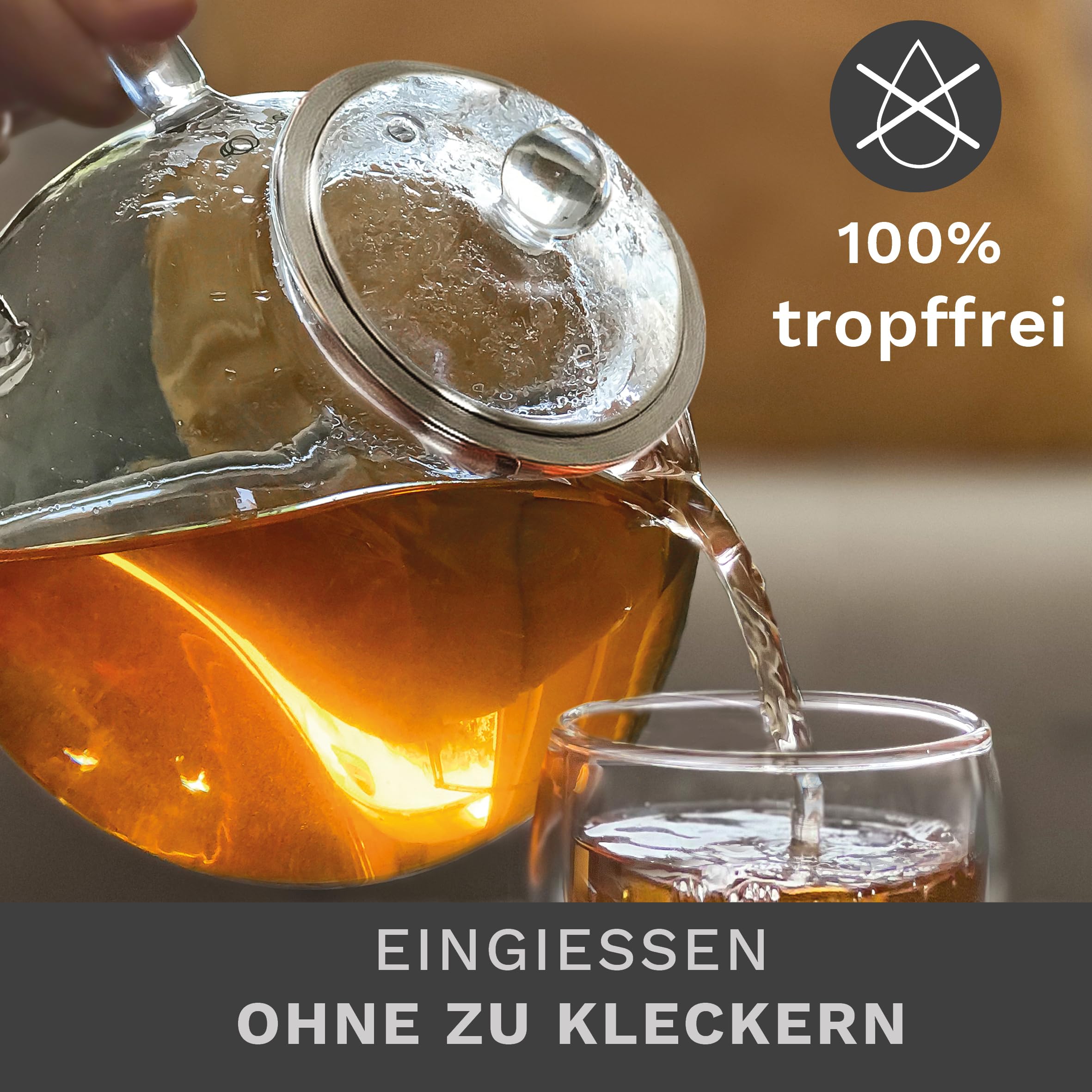 Creano Teekanne aus Glas 1,7l, 3-teilige Glasteekanne mit integriertem Edelstahl Sieb und Glasdeckel, ideal zur Zubereitung von losen Tees, tropffrei, All-in-one