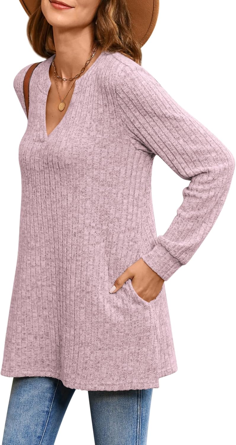 BZB Womens Fall Sweaters Long Sleeve V Neck Tunics Tops Side Split Casual 2026 Sweatshirt with Pocket - Image 2