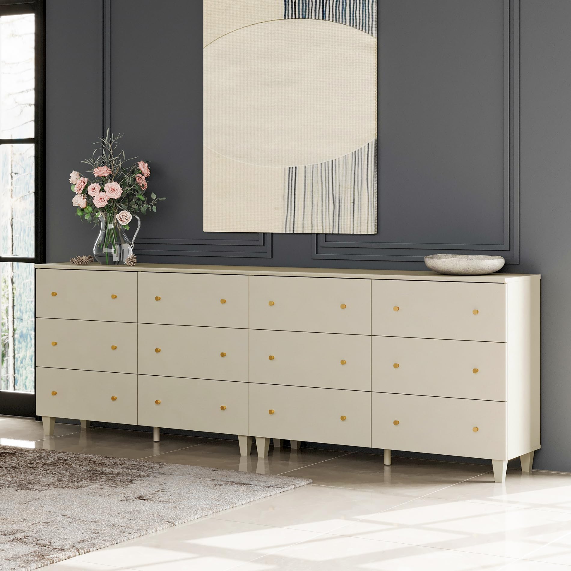 WAMPAT Black Dresser for Bedroom, Long Wide Dresser with 12