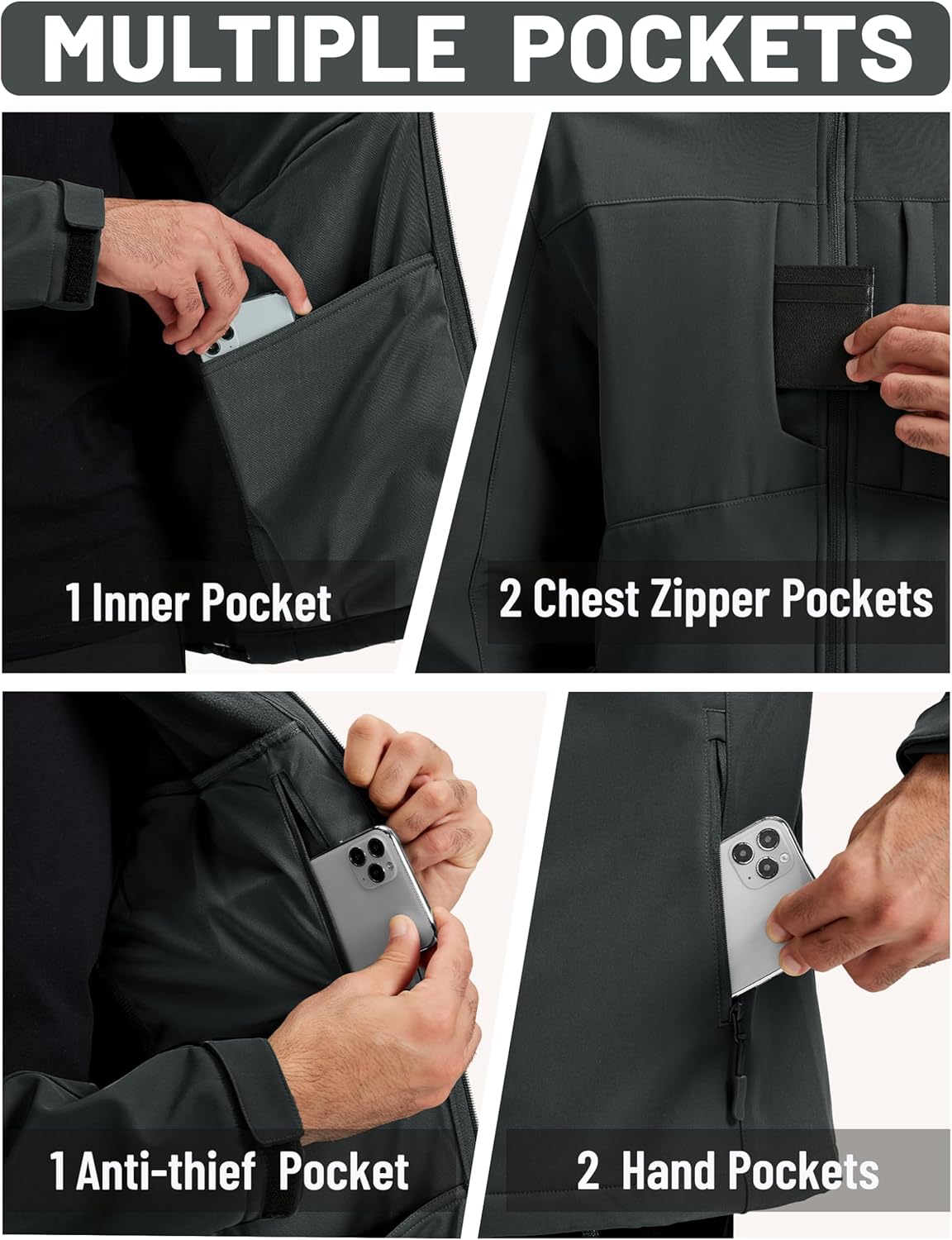 TACVASEN Men's Softshell Jacket with Hood Waterproof Fleece Coat Winter Windbreaker Lightweight Rain Jackets - Image 5