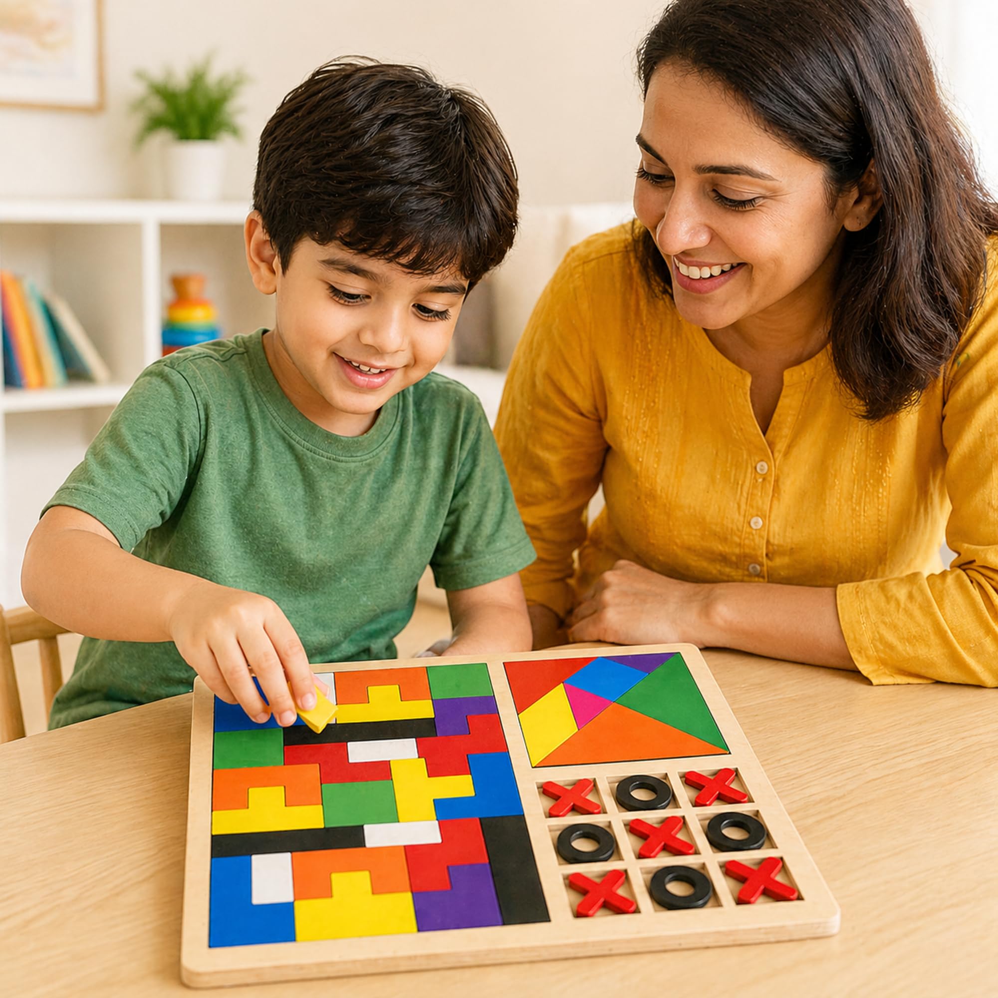 Wudly 3in1 Wooden Puzzle Toy for Kids Tetris Tangram Tic Tac Toe Board Montessori Educational Brain Development Toys for 3–7 Years Logic & IQ Game Birthday Gift for Boys Girls Learning Toy 3