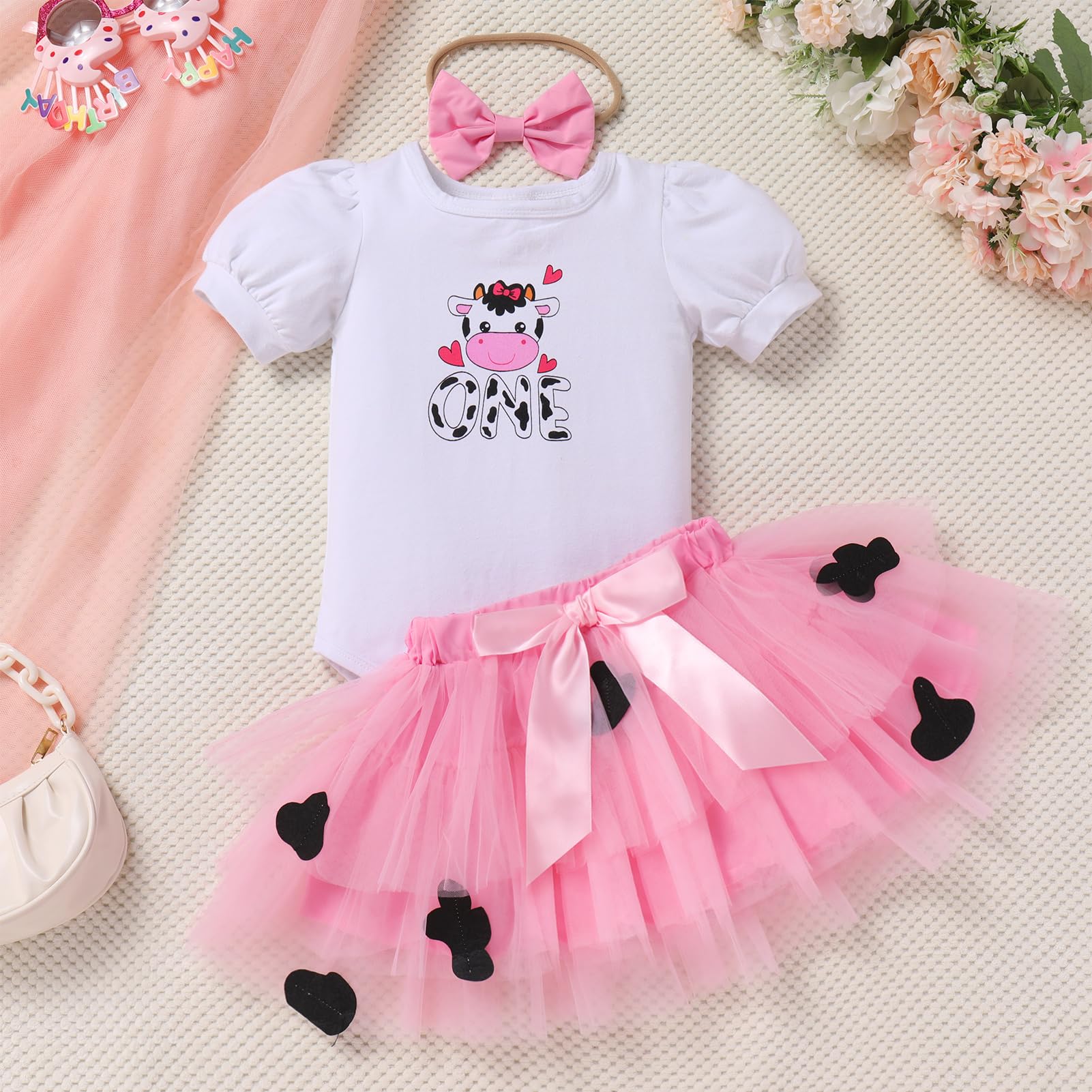 FYMNSI Baby Mädchen 1. Geburtstag Kuchen Smash Outfit Kurzarm Strampler Tutu Rock Stirnband 3-teiliges Set